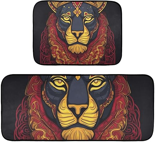 Kitchen Mats for Floor 2 Piece Set Art Lion Portrait Print, Anti Skid Cushioned Water Absorbent Kitchen Rugs Door Mat Floor Mats for Kitchen Sink