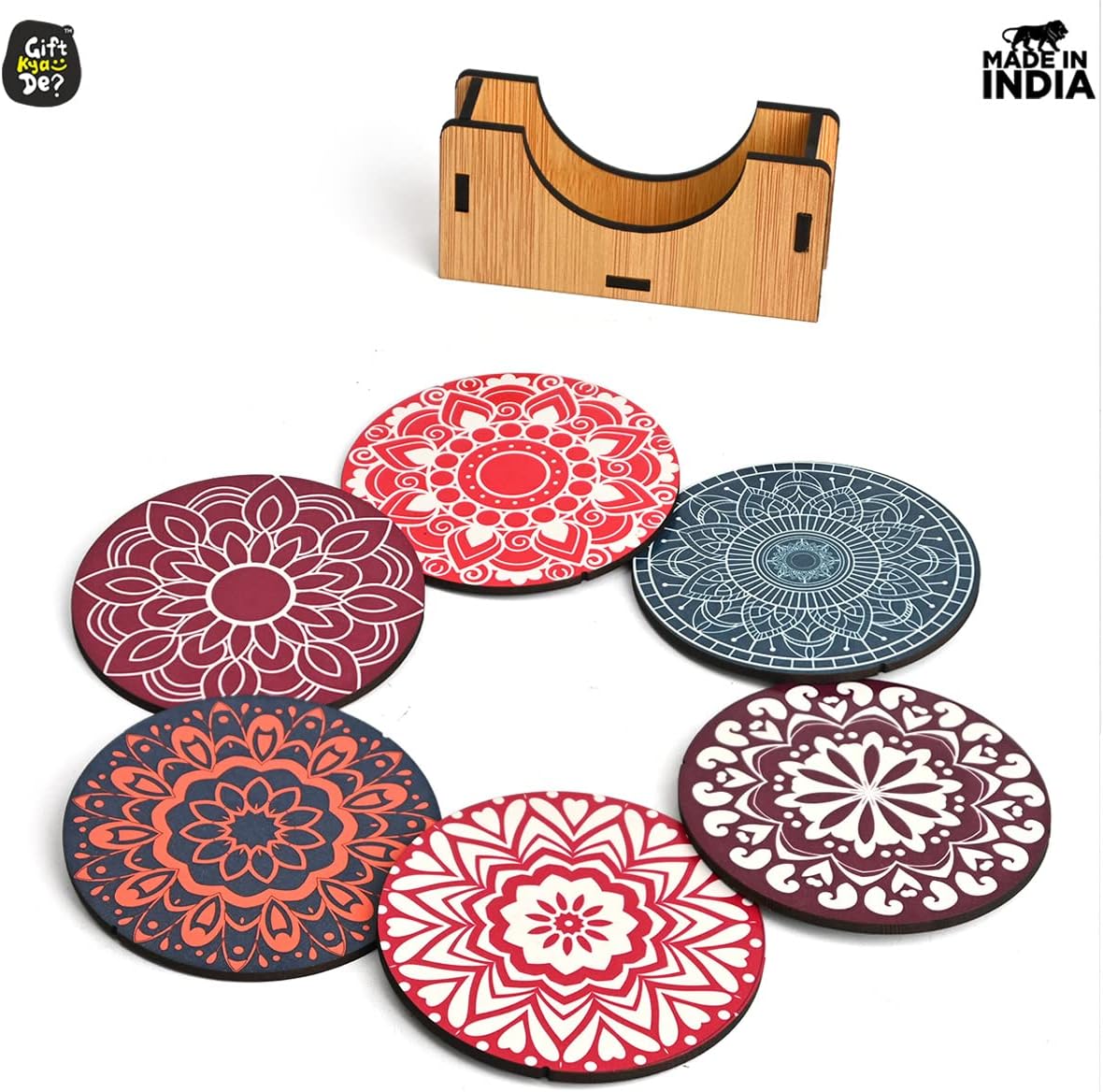 GKD Wooden Coasters for Drinks, MDF Mandala Coasters Set of 6 with Holder, 3.5 inches Eco-Friendly Absorbent Coaster for Coffee Table, Bar, Drinking Glasses, Tabletop Protection - (Multi Color)