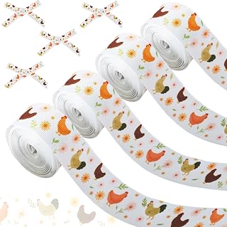 4 Rolls Chicken Theme Ribbons, 20 Yards Craft Ribbons for Wreath Hair Bow Wrapping Gifts Packing, Little Chick Grosgrain Ribbons for Birthday Baby Shower Gender Reveal Party Wedding Home Accessory