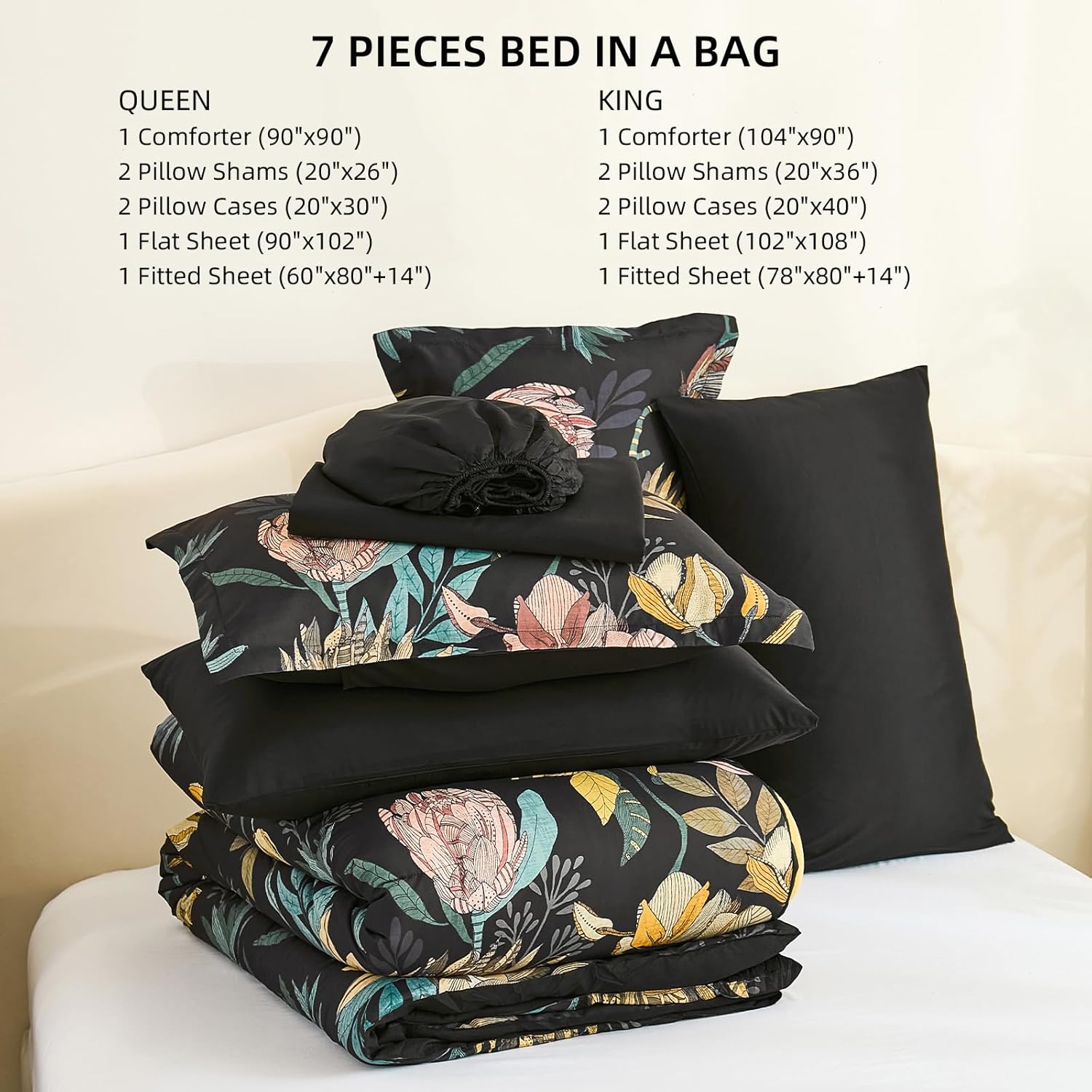 Luxudecor Queen Comforter Set 7 Pieces Bedding Sets, Black Floral Comforter and Sheet Set, Soft Microfiber Bed in a Bag for All Seasons (Black,90"x90") - Image 9
