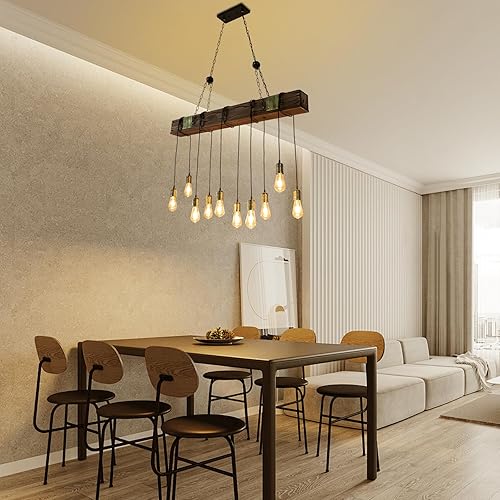 Miniatura 3 de Farol colgante de madera de 10 luces, lámpara colgante retro rústica de granja, lámpara de suspensión industrial para mesa de comedor, cocina