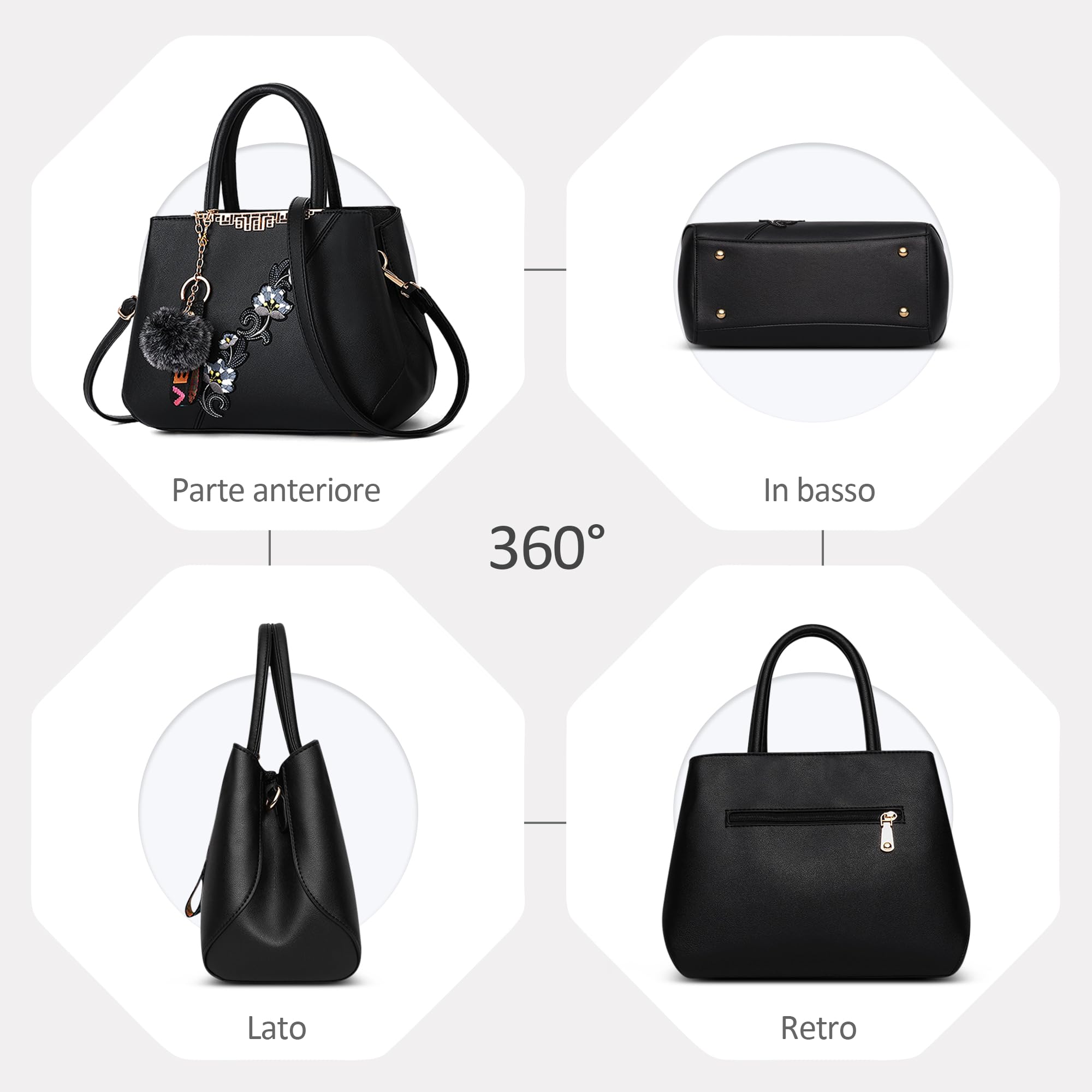 Borsa Donna a Mano, Borsa a Tracolla Elegante in Pelle PU, Borsa a Spalla Donna Grande con Ricamo Floreale e Pompon per Lavoro, Shopping, Viaggio e Uso Quotidiano Nero A