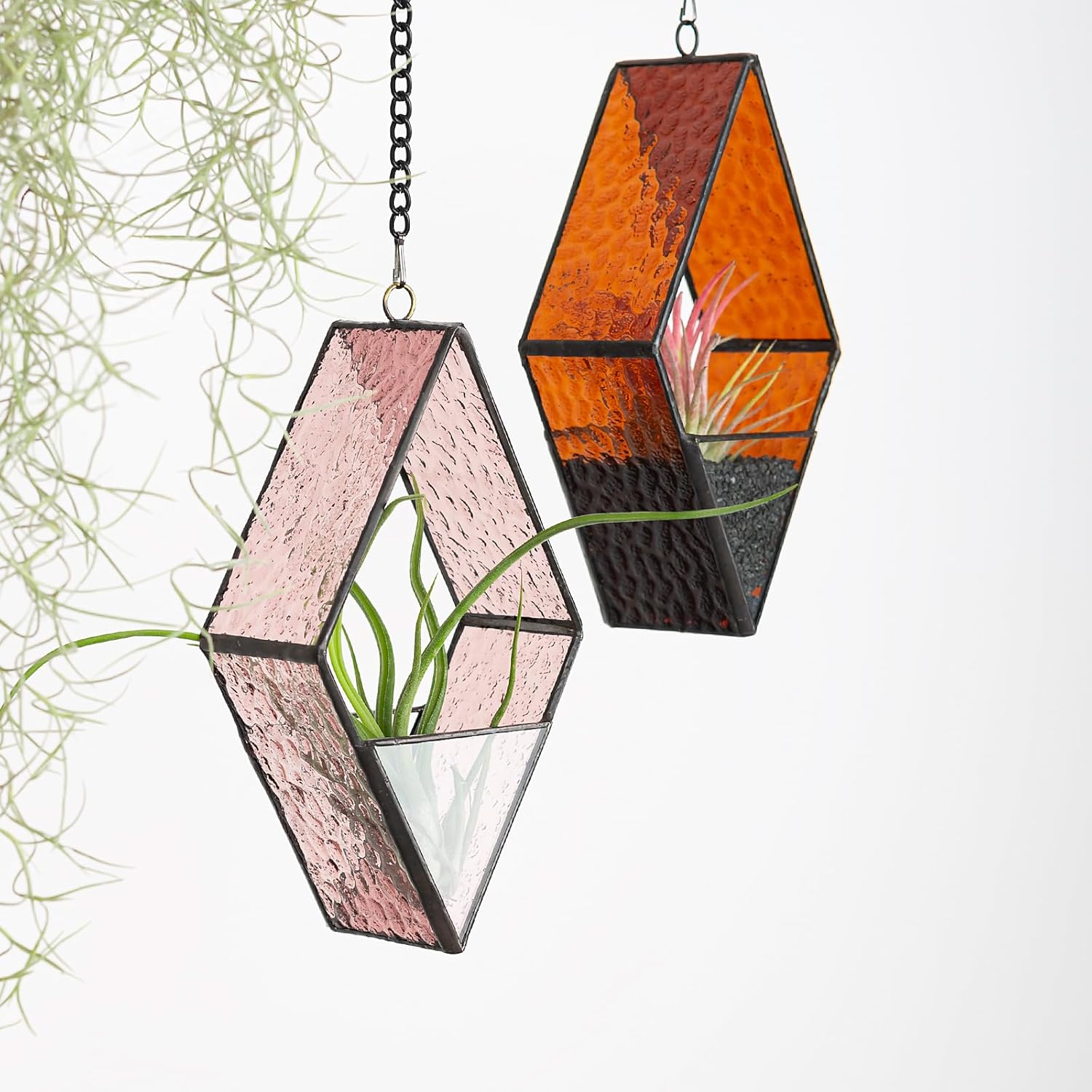 Stained Glass Hanging Plant Terrariums, 2 Packs Geometric Window Planters with Chain for Windowsill Decor Small Succulent Tillandsia Glass Terrarium Minimalist Air Plant Holders