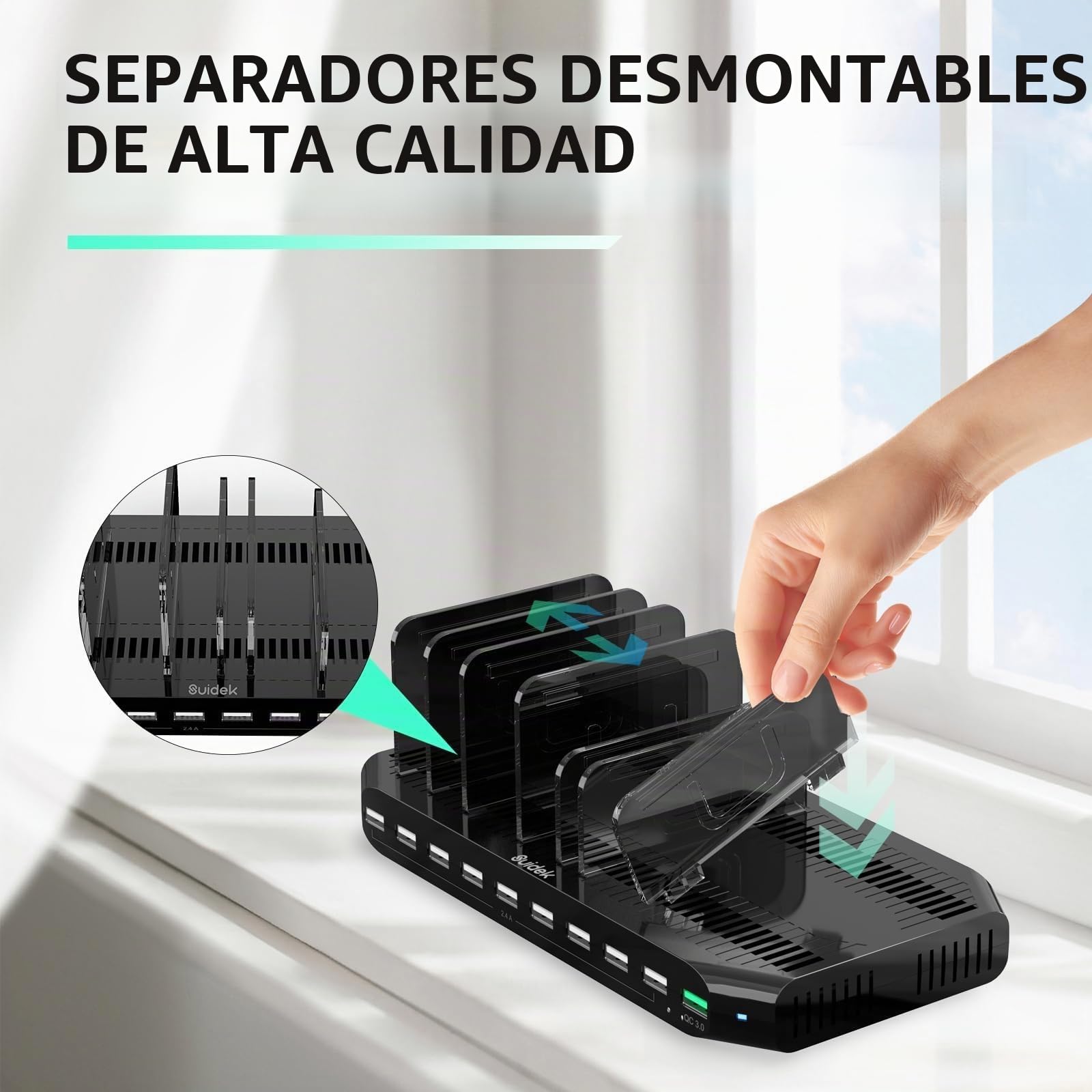 SUIDEK Estación de Carga multiUSB para múltiples Dispositivos, 60 W, 10 Puertos, estación de Carga múltiple con Puerto QC3.0 y divisores Ajustables compatibles con tabletas, teléfonos Inteligentes | Estación de carga rápida multiestación de carga con divi