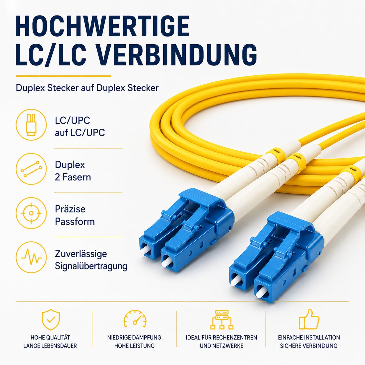1aTTack.de 1 x 20 m OS1 / OS2 LWL DX DUPLEX kabel krosowy LC/UPC - LC/UPC SM SINGLEMODE - 9/125 µm LSZH żółty