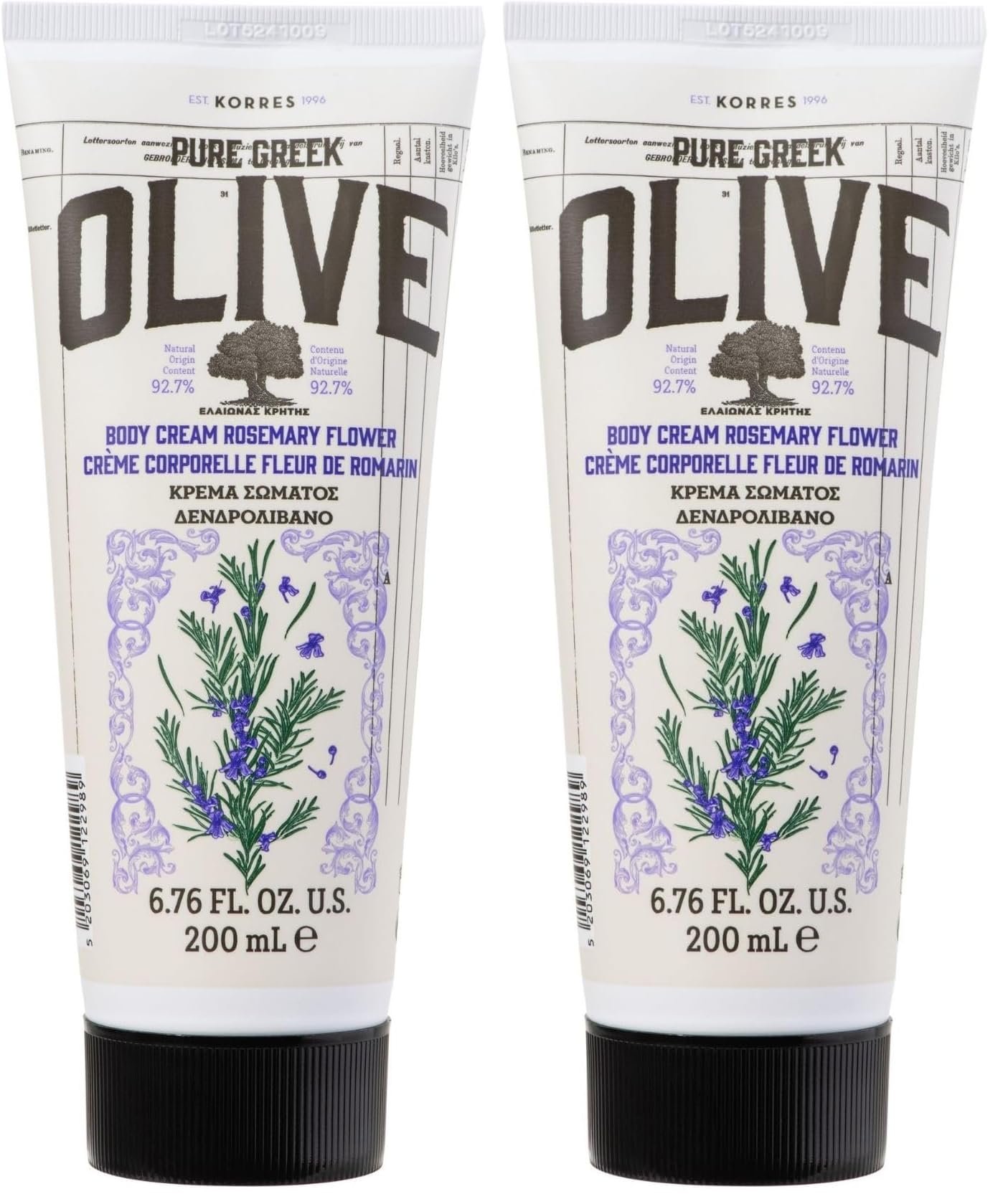 KORRES OLIVE ROSEMARY FLOWER feuchtigkeitsspendende Bodymilk für Frauen & Männer, schnelleinziehend, mit extra nativem Olivenöl, dermatologisch getestet & vegan, 200 ml (Packung mit 2)