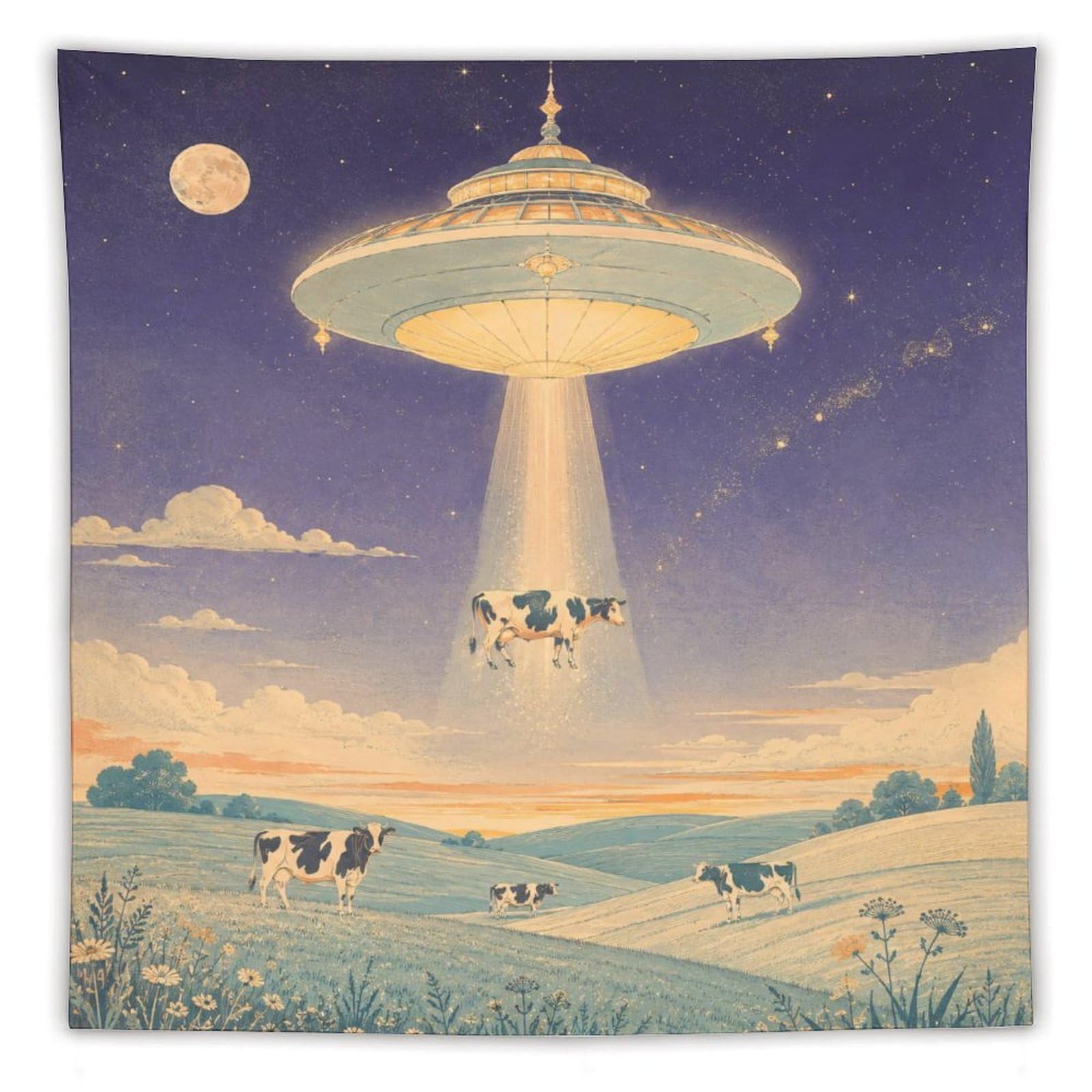 W7C8U2X3 UFO Cattle Moonlit Pasture Wall Tapestry, Oil Painting, Backdrop