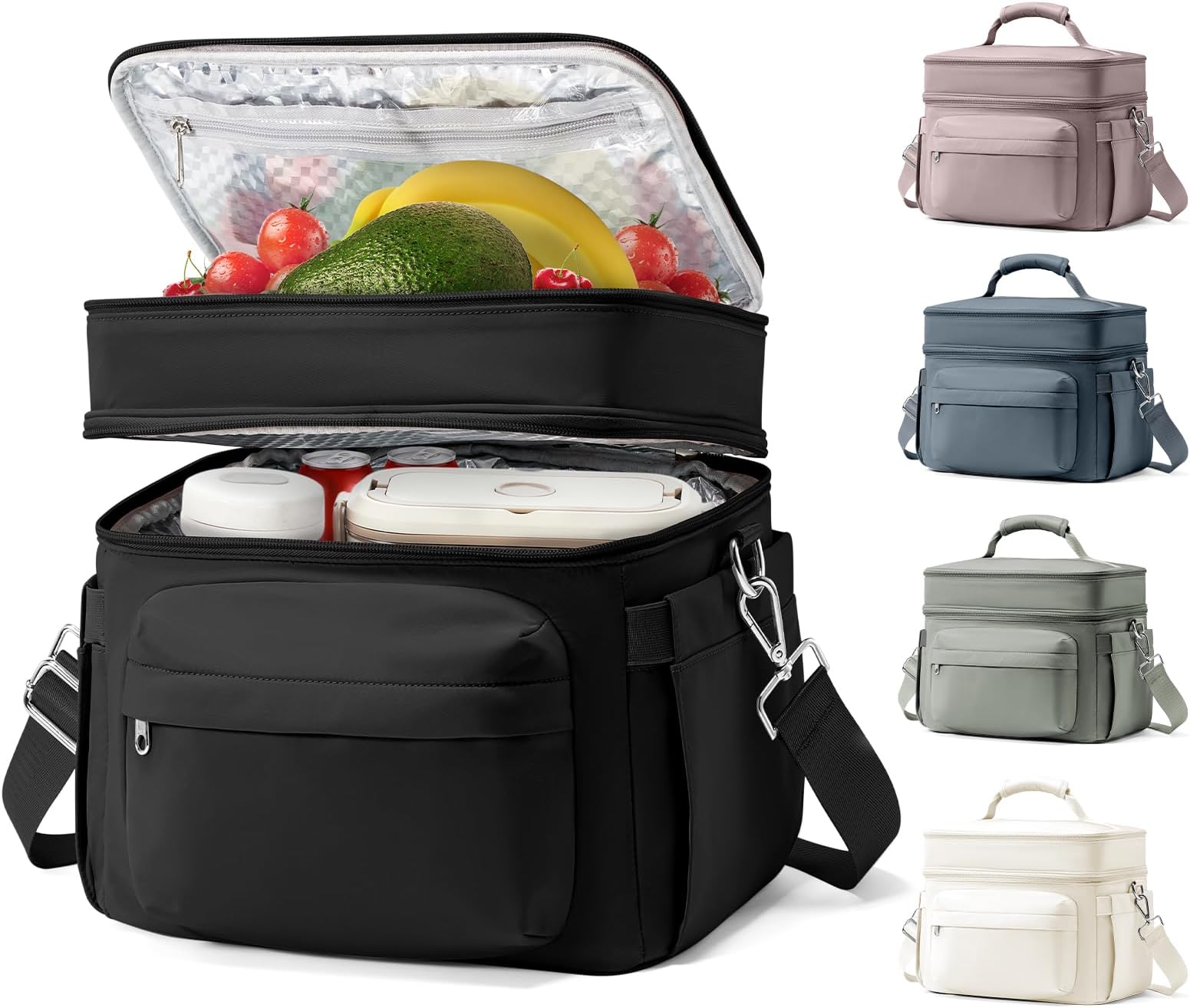Lunch Box Women Insulated Lunch Bag Men Expandable Waterproof Leakproof Lunch Boxes Large Lunch Tote Cooler Bag for Work with Water Bottle Holder Black
