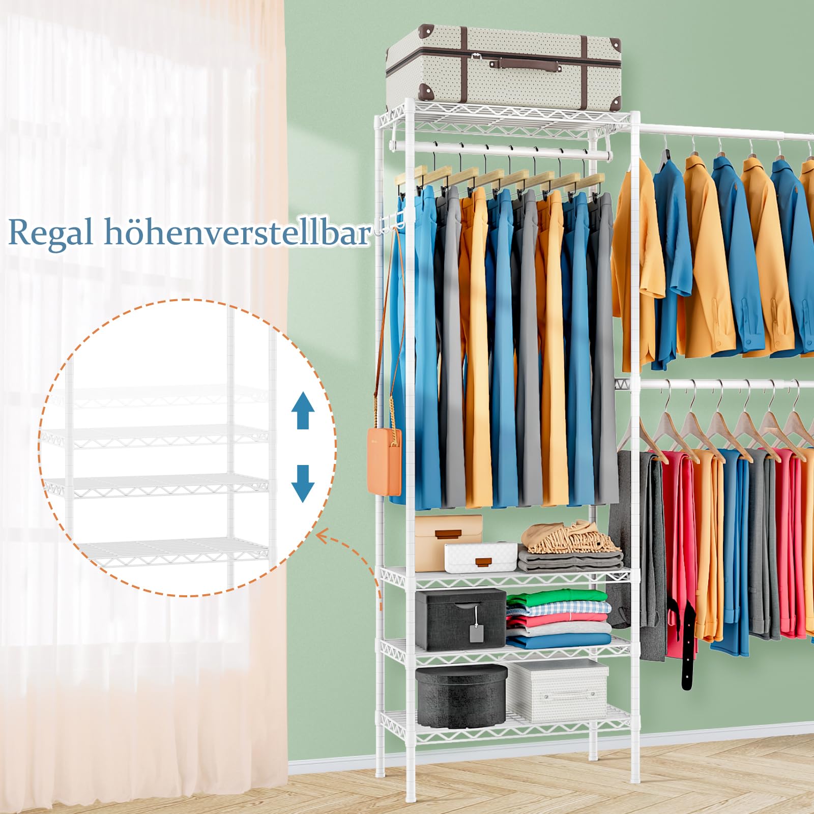 Erweiterbar Kleiderständer,Kleiderstange,(70.2-88.2”) Lx13.9”Wx71.2”H Schwerlast Kleiderständer Metall Garderobenständer Kleiderbügel Kleiderschrank mit Haken (Weiß)