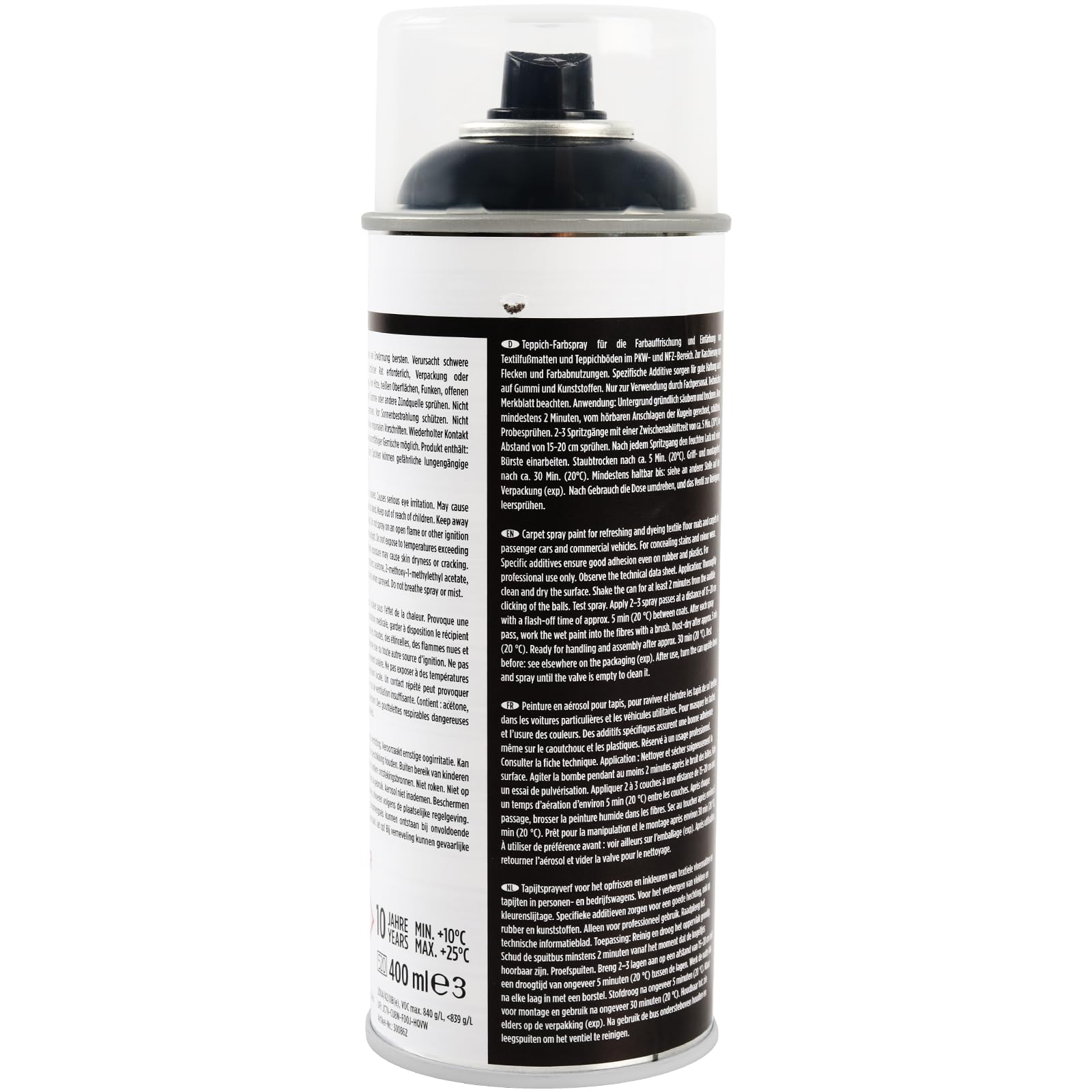 TECPO Spray de pintura para alfombras, 24 x 400 ml, pintura textil, color negro, para alfombras, felpudos, techo, tela, goma, plástico, tratamiento interior