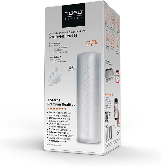 CASO Profi- Vakuumfolien Set 1 / Folienbeutel: 50x 20x30cm, Folienrolle: 1x 20x600cm, 1x 30x600cm 150µm, für Vakuumierer, BPA-frei, sehr stark, reißfest, kochfest