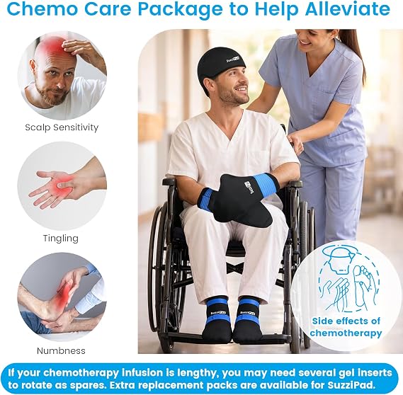 SuzziPad Ice Pack Stress Relief Cap & Cooling Socks & Cold Gloves for Chemotherapy, Comfort Items for Chemo Patients, Smoothe discomfort for feet, Head and Hand, S/M