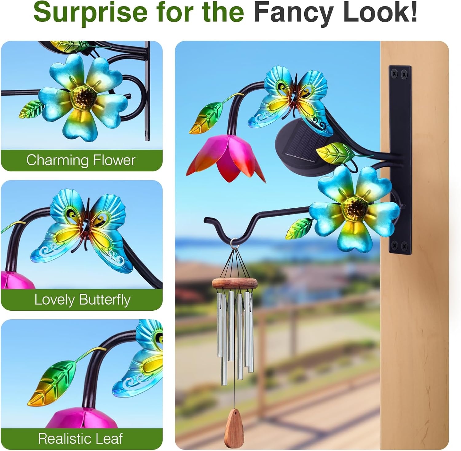 Lewondr Plant Hangers with Solar Light,9 Inch Metal Hanging Plant Bracket Outside,Butterfly Plant Wall Hook Solar Lights Outdoor for Wall,Flower Basket,Bird Feeder,Lantern,Wind Chime,2 Pack