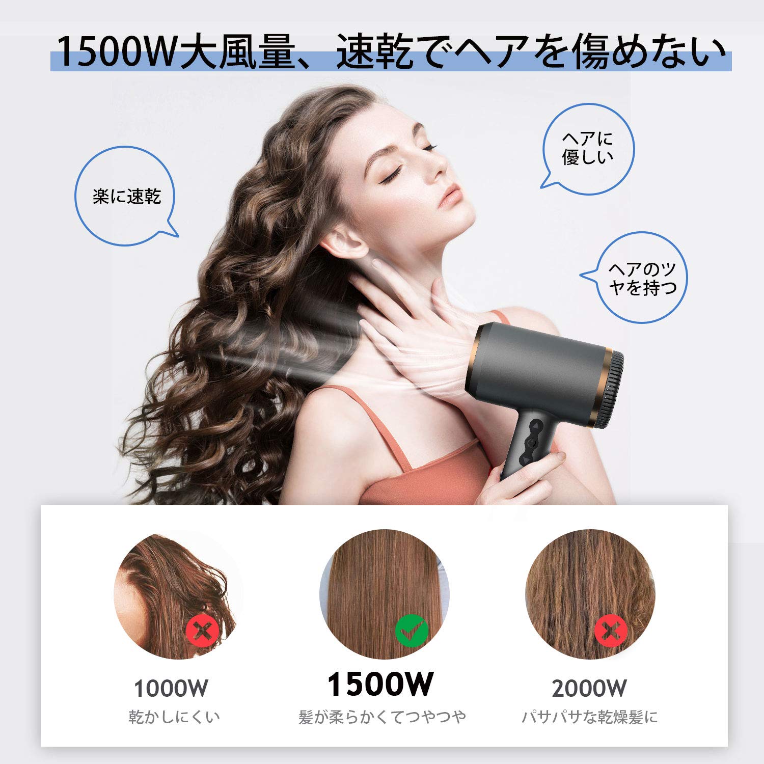 Amazon | ヘアドライヤー LED液晶ディスプレイ 1500W 速乾ドライヤー