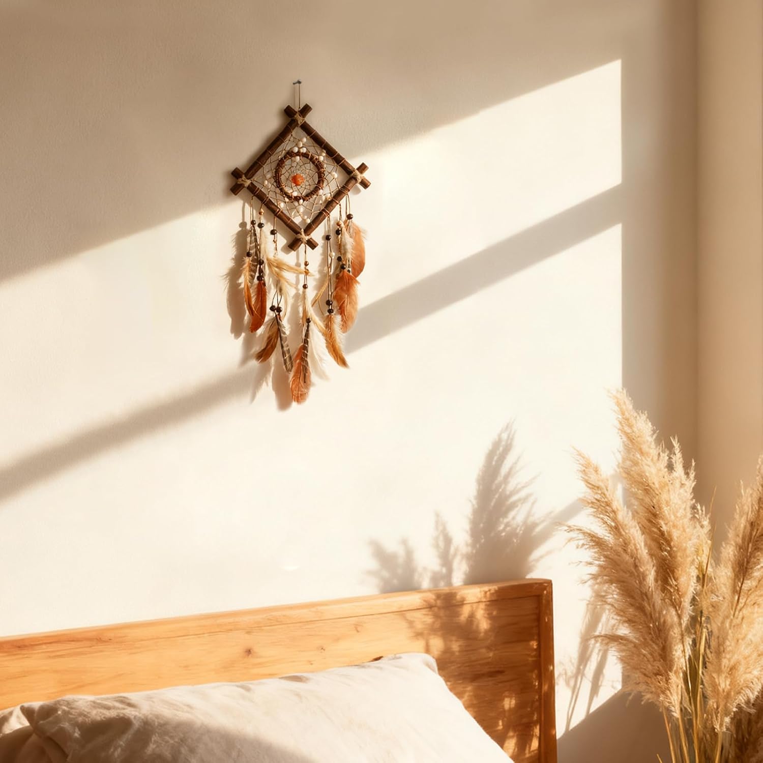 Dream Catcher Boho Wall Decor, Rattan & Goose Feather & Crystal Wall Art image 2