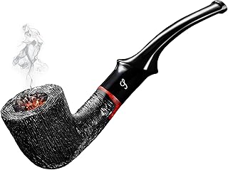 SPIPER Briar Carving Craft Tobacco Pipe, 9mm Pipe Hole, Curved Handle Pipe Stem, Great Gift (BLACK)
