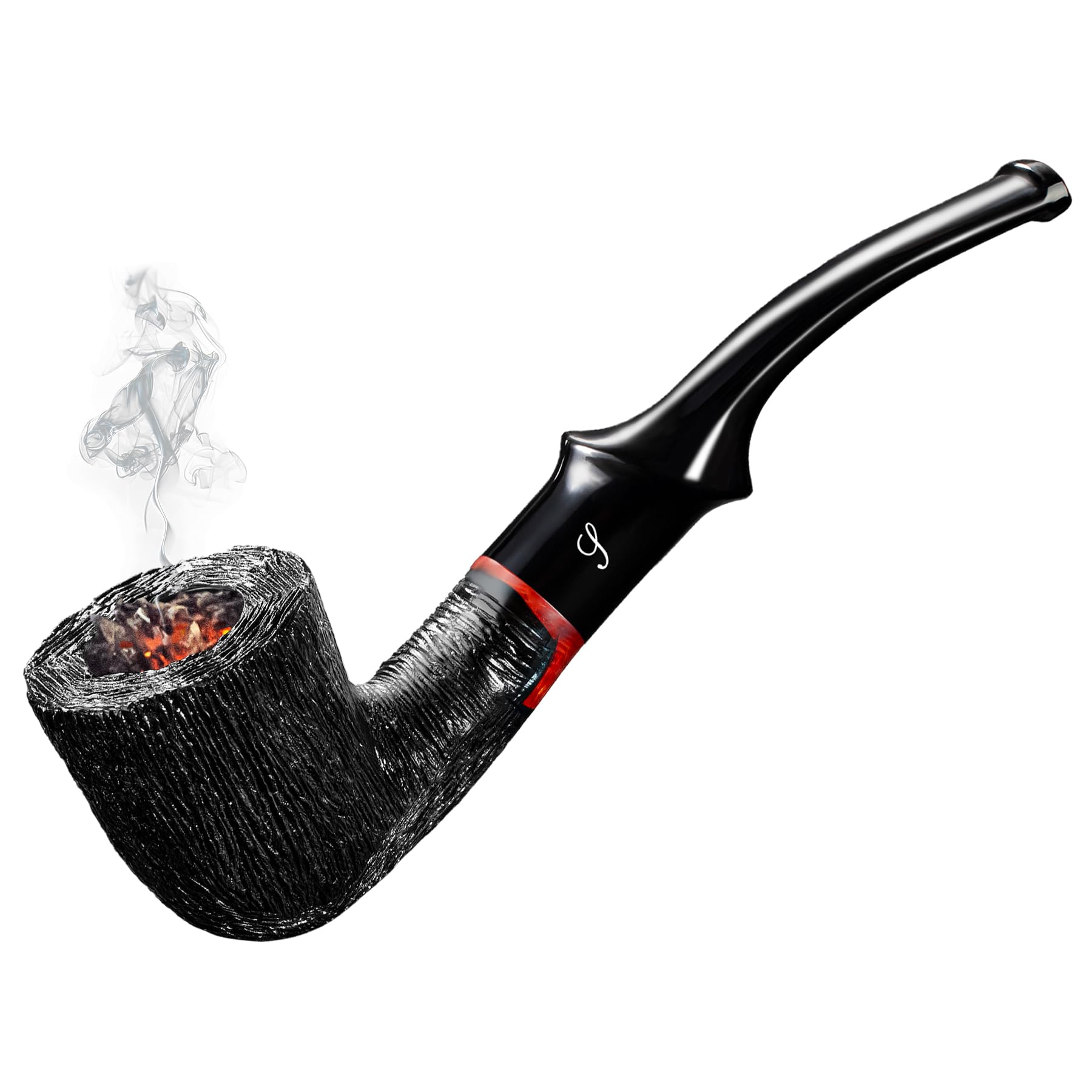 SPIPER Briar Carving Craft Tobacco Pipe, 9mm Pipe Hole, Curved Handle Pipe Stem, Great Gift (BLACK)