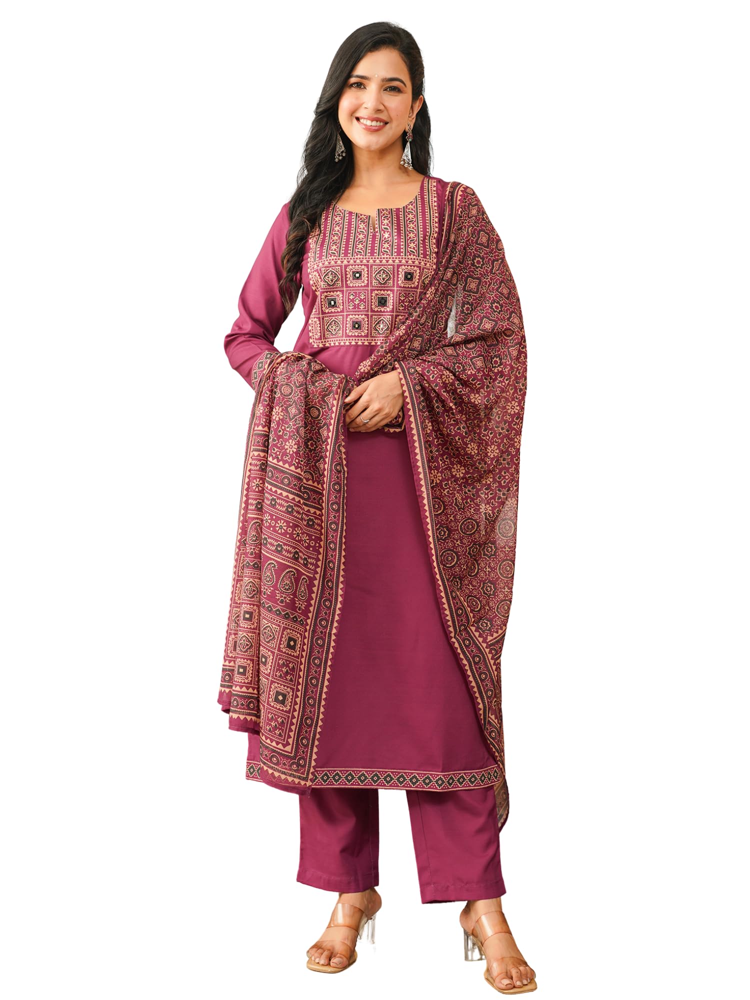 Women's Purple Rayon Blend Printed Straight Ethnic Motifs Kurta Trousers With Dupatta Set | Daily Straight Kurta Set For Women | Ethnic Motifs Salwar Suit For Women-image-45