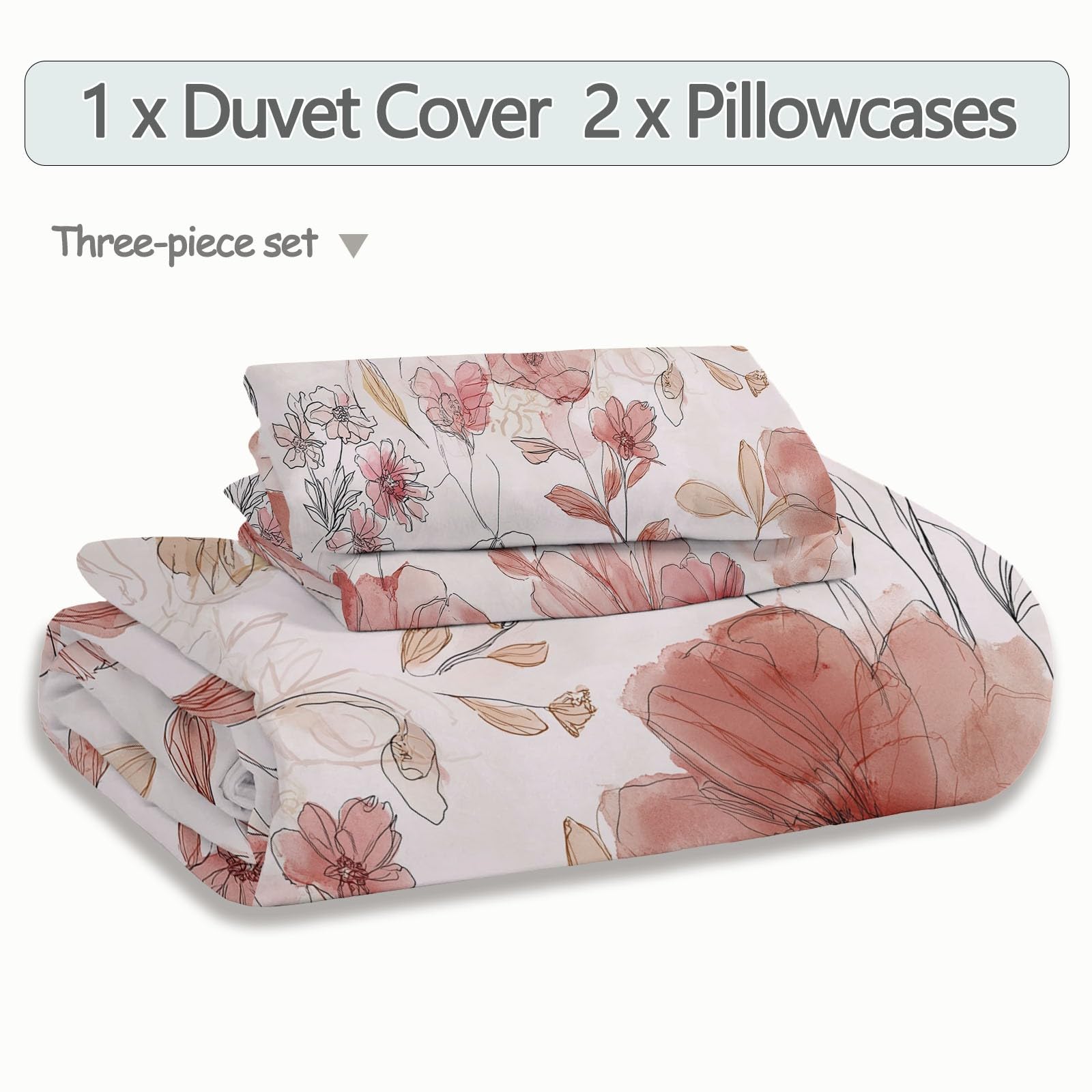 Ultrasoft hipoalergiczny zestaw pościeli z mikrofibry, podwójny, akwarelowy kwiatowy wzór, dwustronny pokrowiec z 2 poszewkami na poduszki 50 x 75 cm, czerwono-różowy