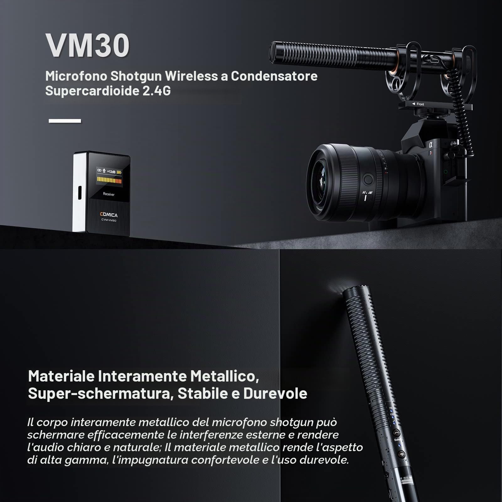 COMICA CVM-VM30 2.4G Super Cardioid Condenser Microphone sans Fil pour Appareil Photo, Smartphone et PC avec 75/150 Hz, Microphone vidéo Universel Super cardioïde pour cinéastes, Vloggers