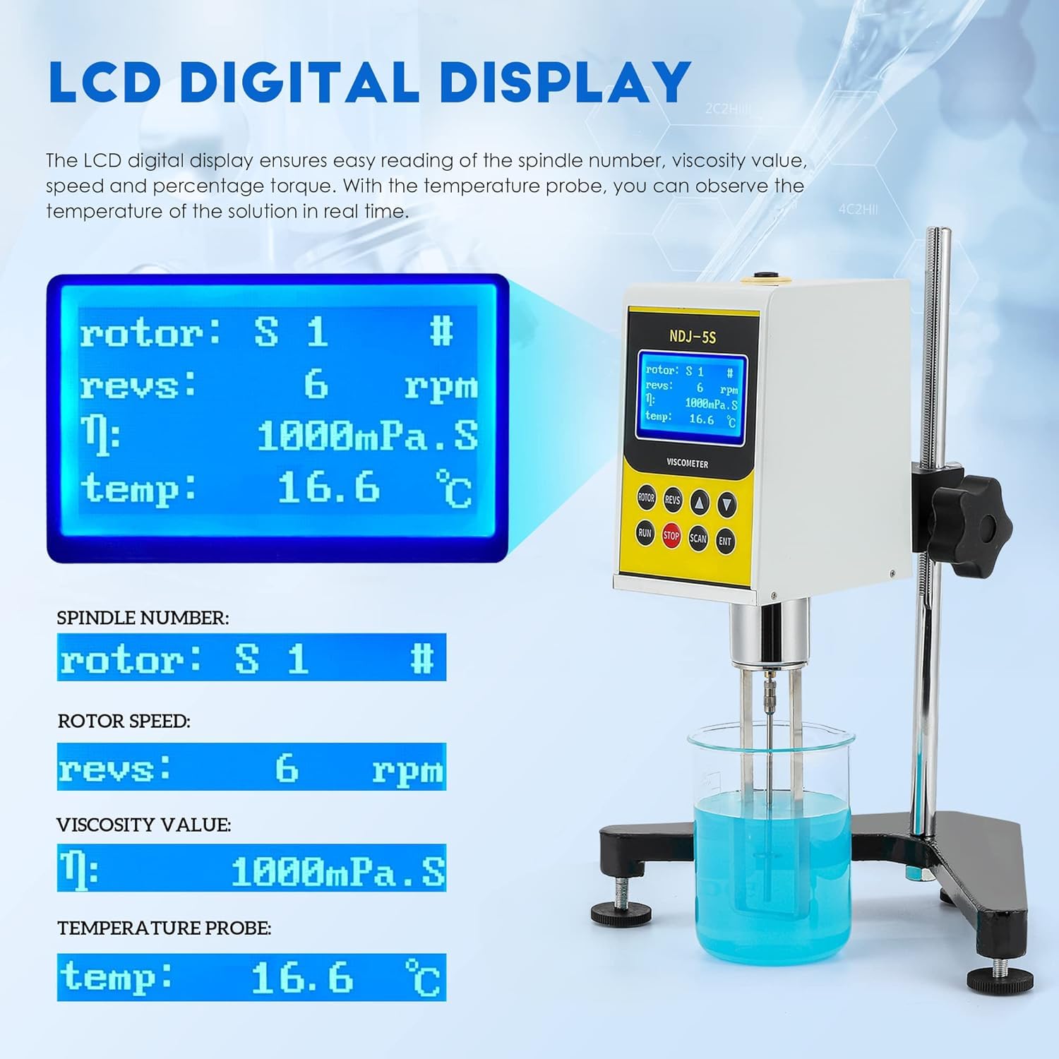 CGOLDENWALL Viscómetro giratorio digital Viscómetro Rotacional Viscosidad Medidor Fluidímetro Medidor Newton Viscómetro Líquido Pantalla LCD con 4 rotores (NDJ-5S: Rango de medición 1-100.000 mpa.s)