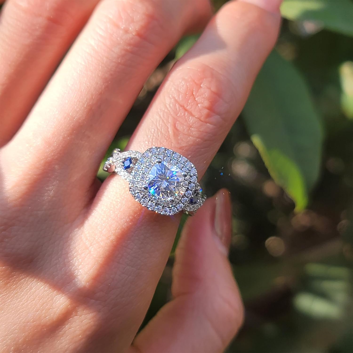 DovEggs Moissanite Engagement Rings for Women 2.82ctw Total 7X7mm FGH Color Cushion Cut Moissanite Vintage Wedding Ring Double Halo Blue Sapphire Sterling Silver with 18K White Gold Plated