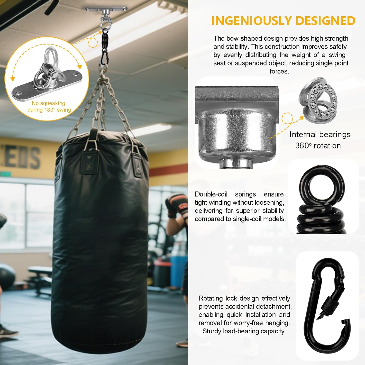 4-Hole Heavy Bag Hanger with 360° Rotation Wall/Ceiling Wood Beam Mount for Aerial Yoga Swing, Hammock, Resistance Band & Body Weight Strength Training Systems
