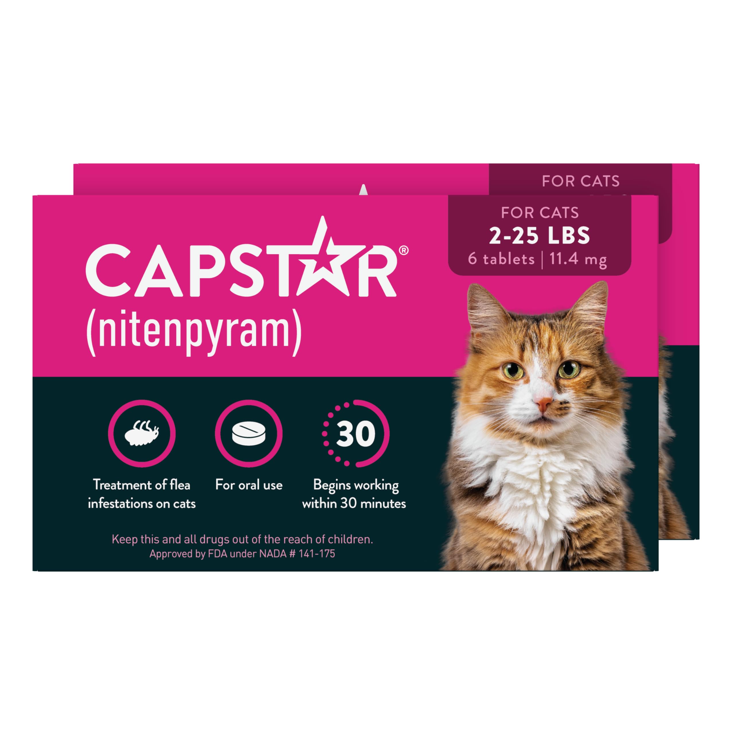 Capstar (nitenpyram) Cat Flea Treatment, Fast-Acting Oral Flea Treatment for Cats 2-25 lbs, Vet-Recommended Medication Tablets Start Killing in 30 Minutes, 12 Doses (Includes Two 6-Count Boxes)