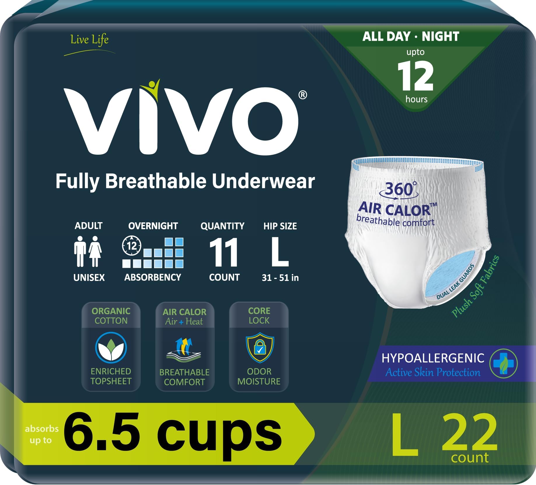 Organic Cotton Sensitive Skin Overnight Adult Incontinence Pullup Underwear, Women & Men, Large 22 Count