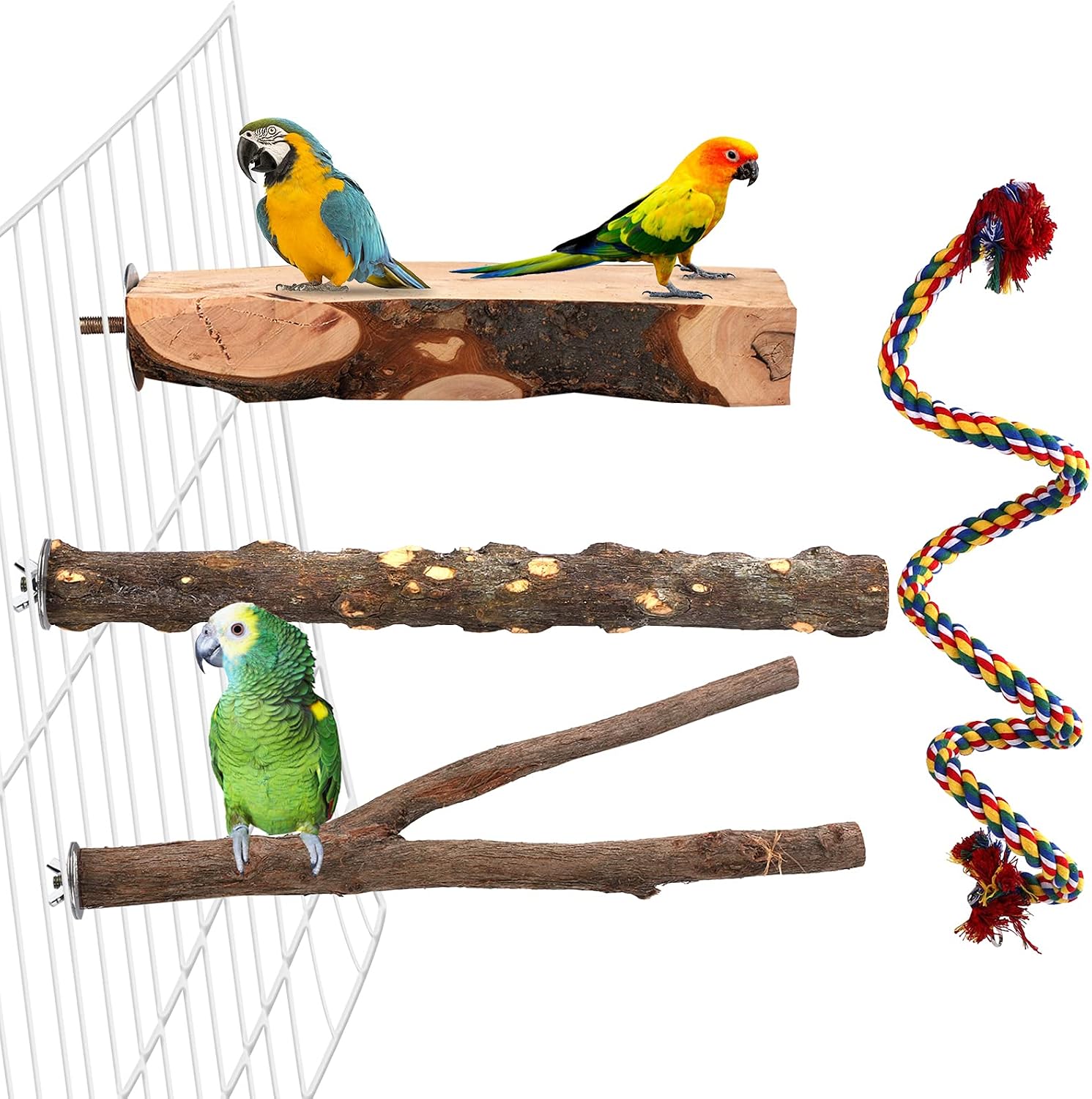 Aodaer 4 Pcs Wood Bird Perch Natural Wooden Parrot Perch Stand Platform Exercise Climbing Paw Grinding Toy Playground Accessory Comfy…