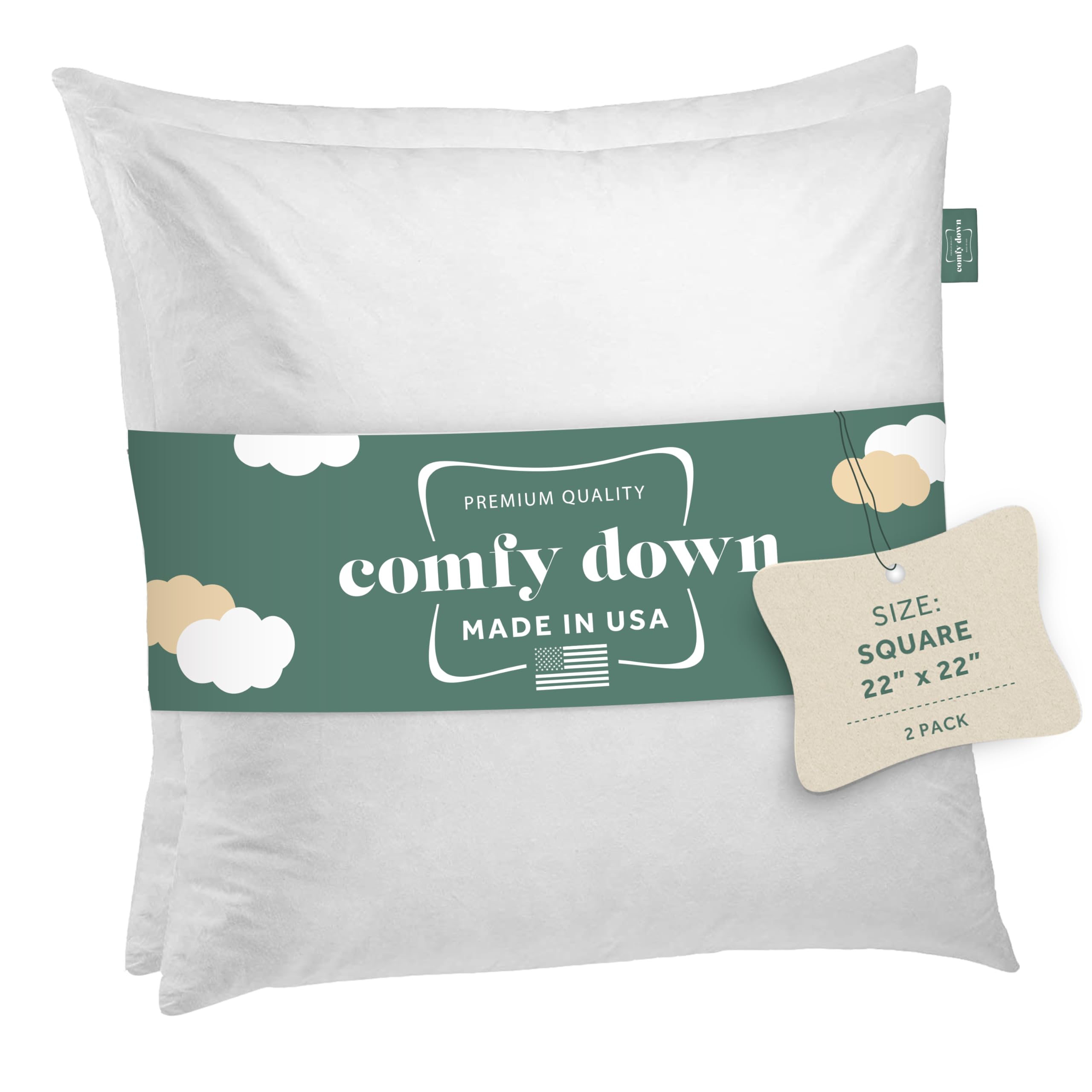 Set of Two 22X22 Decorative Throw Pillow Insert, Down and Feathers Fill, 100% Cotton Cover 233 Thread Count, Square Pillow Insert - Made in USAOEKO-TEX STANDARD 100