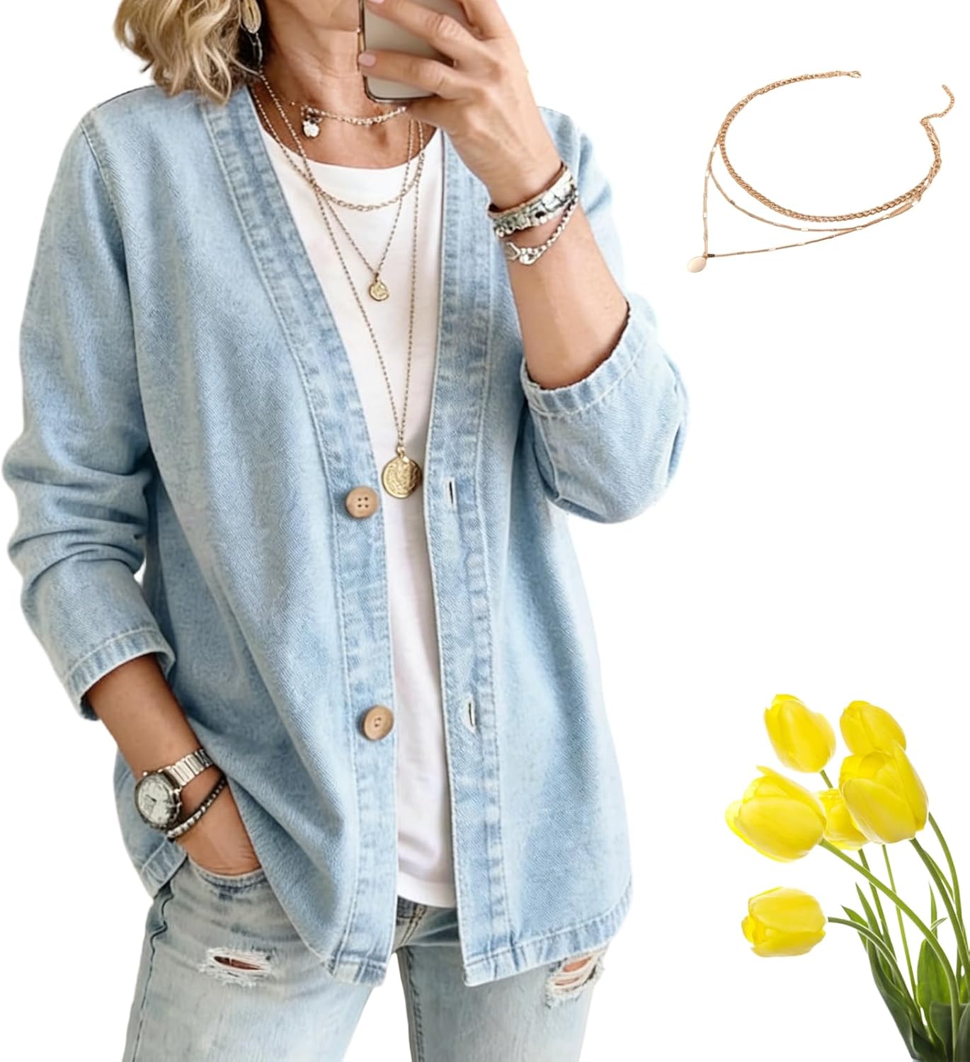 2026 New Women's Classic Button Front Denim Jacket – V-Neck, Breathable Fabric & Relaxed Fit