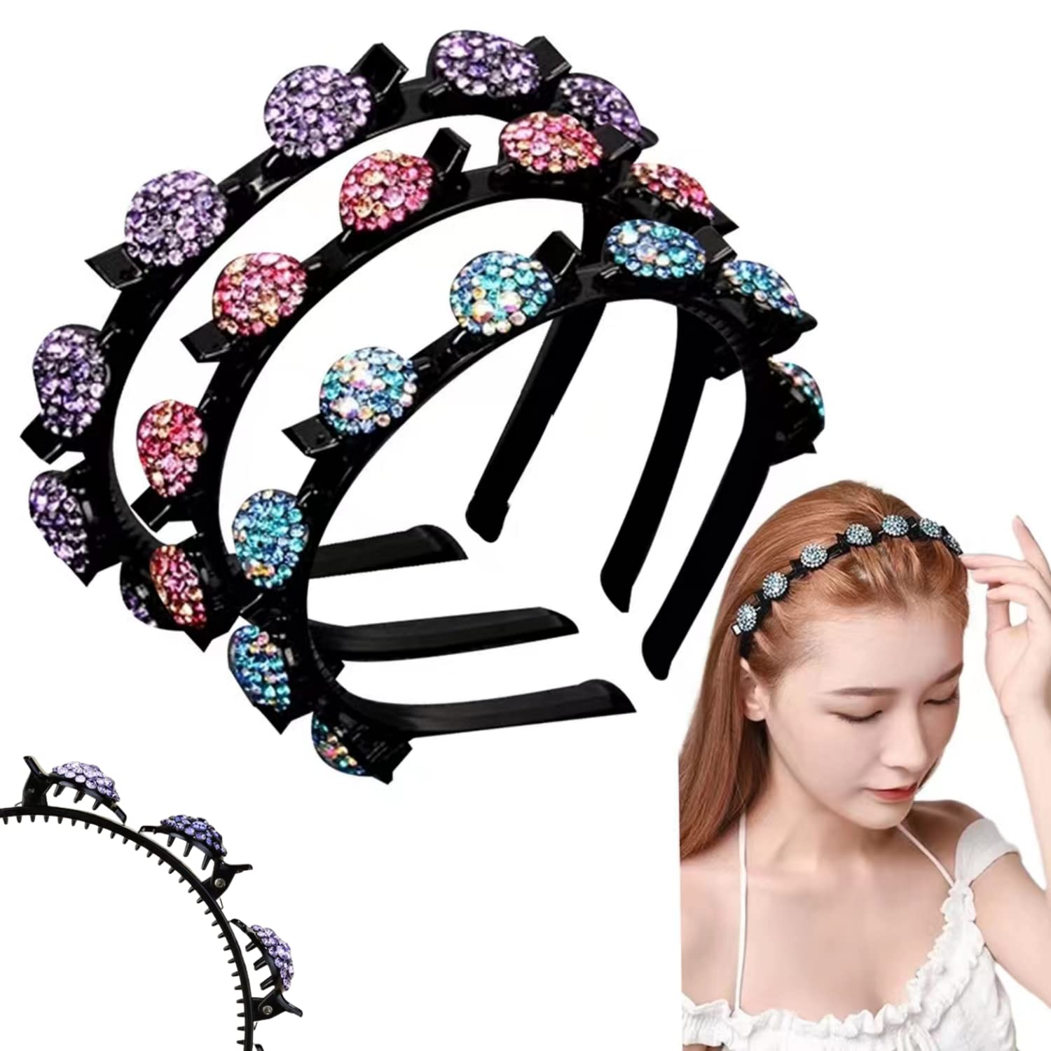 2er-Set Haarnadel-Stirnbänder Mit Strass – Doppellagig, Mit Clips Für Pony & Flechtfrisuren – Stylisches Haaraccessoire Für Frauen & Mädchen (weiß)