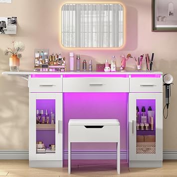 43.3" Vanity Desk No Mirror, RGB LED Lights Makeup Vanity with Glass Top & Drop Leaf Expands to 50.4", 3 Drawers & 2 Display Cabinets, Dressing Table with Charging Station & Stool, White