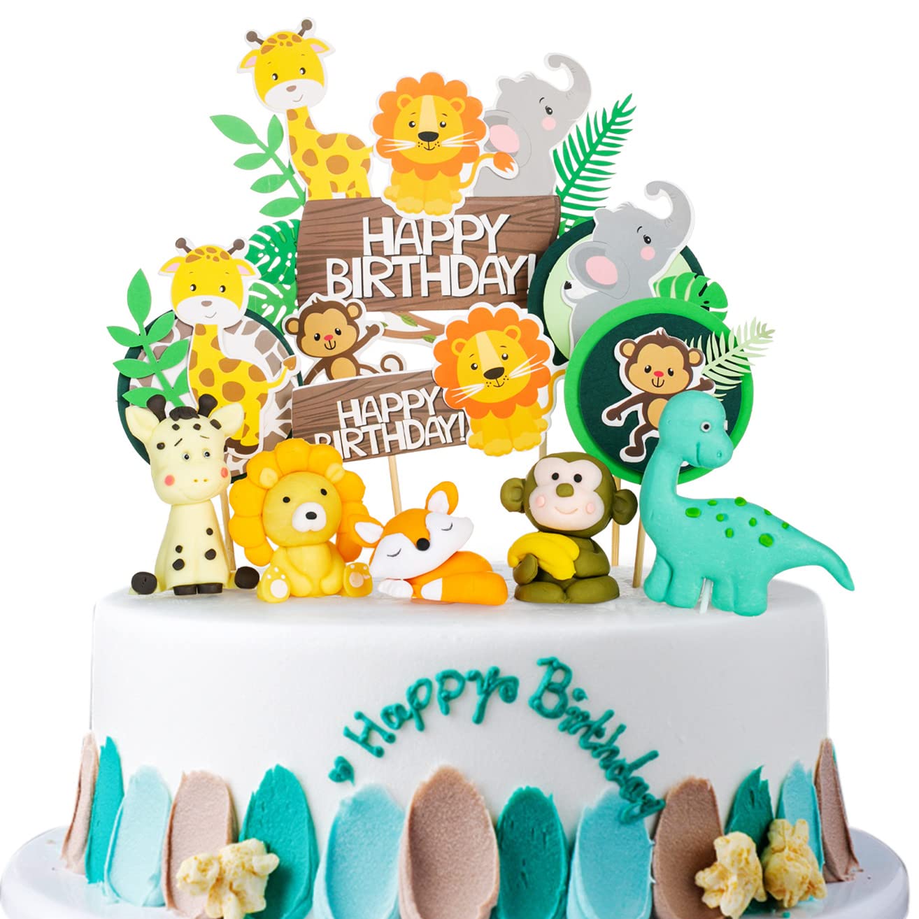 Waldtiere Tortendeko Set – Mit Kuchen Toppern Und Figuren (Giraffe, Löwe, Affe, Elefant) Für Dschungel-Partys
