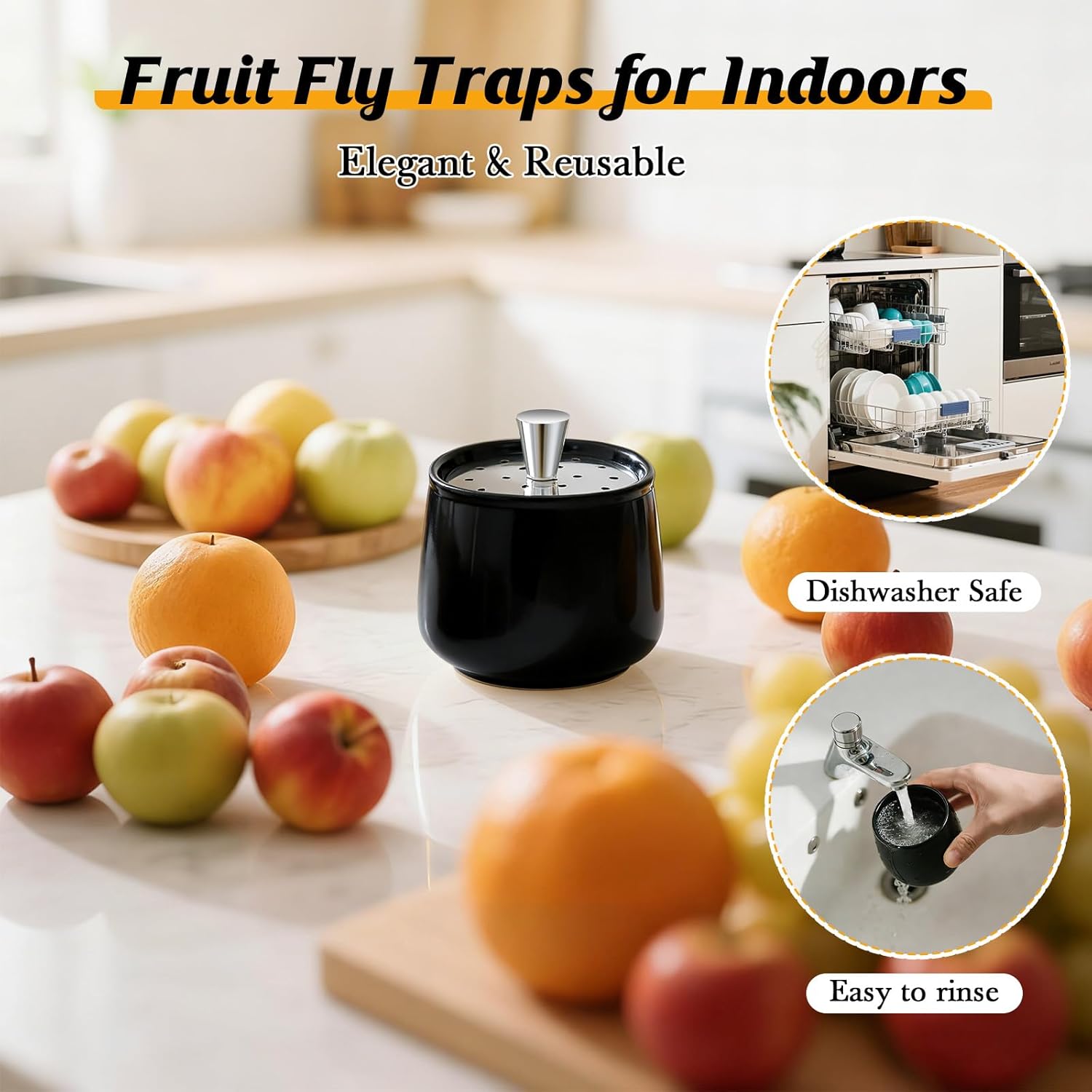 Ceramic Fruit Fly Trap for Indoors, Reusable Kitchen Fly Catcher with Stainless Steel Vent Lid, Uses Safe & Natural Vinegar Bait Trap, Dishwasher Safe, Easy to Use(Black,2 Pack)