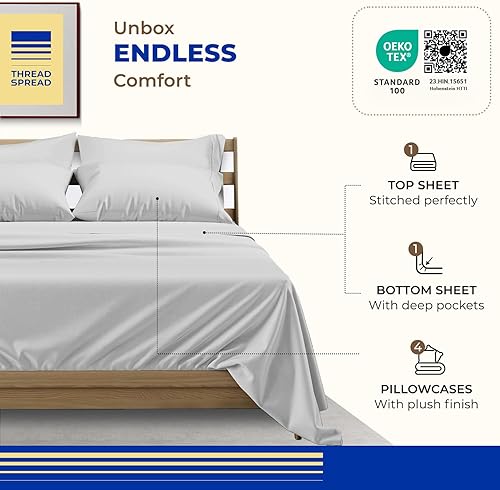 Vista 3 de THREAD SPREAD Juego de sábanas 100% algodón egipcio, tamaño King, 1000 hilos, tamaño King, algodón egipcio, 6 piezas (plateado), bolsillo profundo