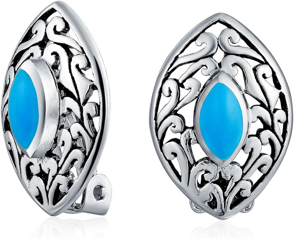 Western Style Filigree Marquise Shape Stabilized Blue Turquoise Clip On Earrings Non Pierced Ears .925 Sterling Silver