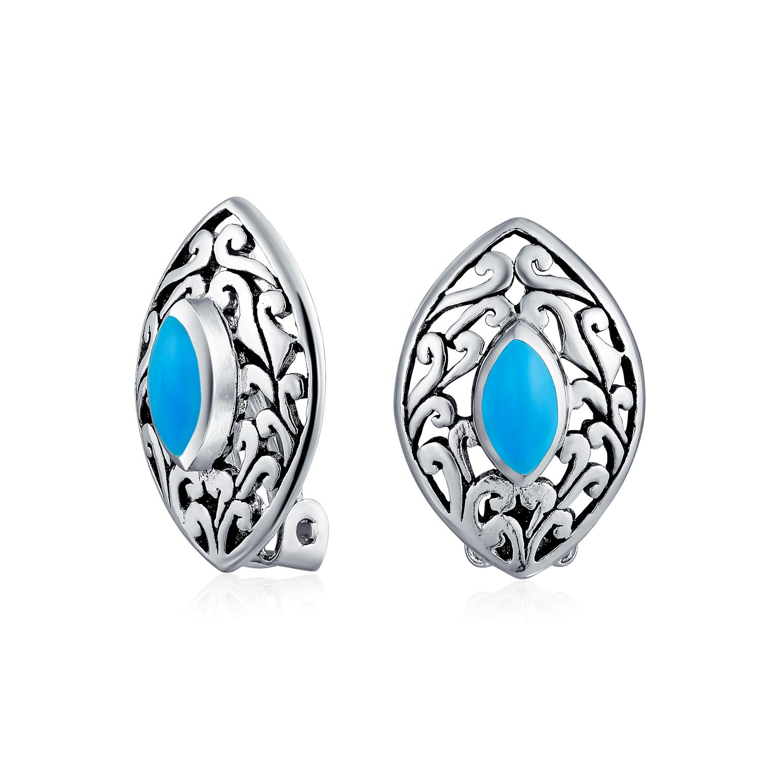 Westlicher Stil Filigrane Marquise Form Stabilisiert Blau Türkis Clip On Ohrringe Nicht durchbohrte Ohren .925 Sterling Silber
