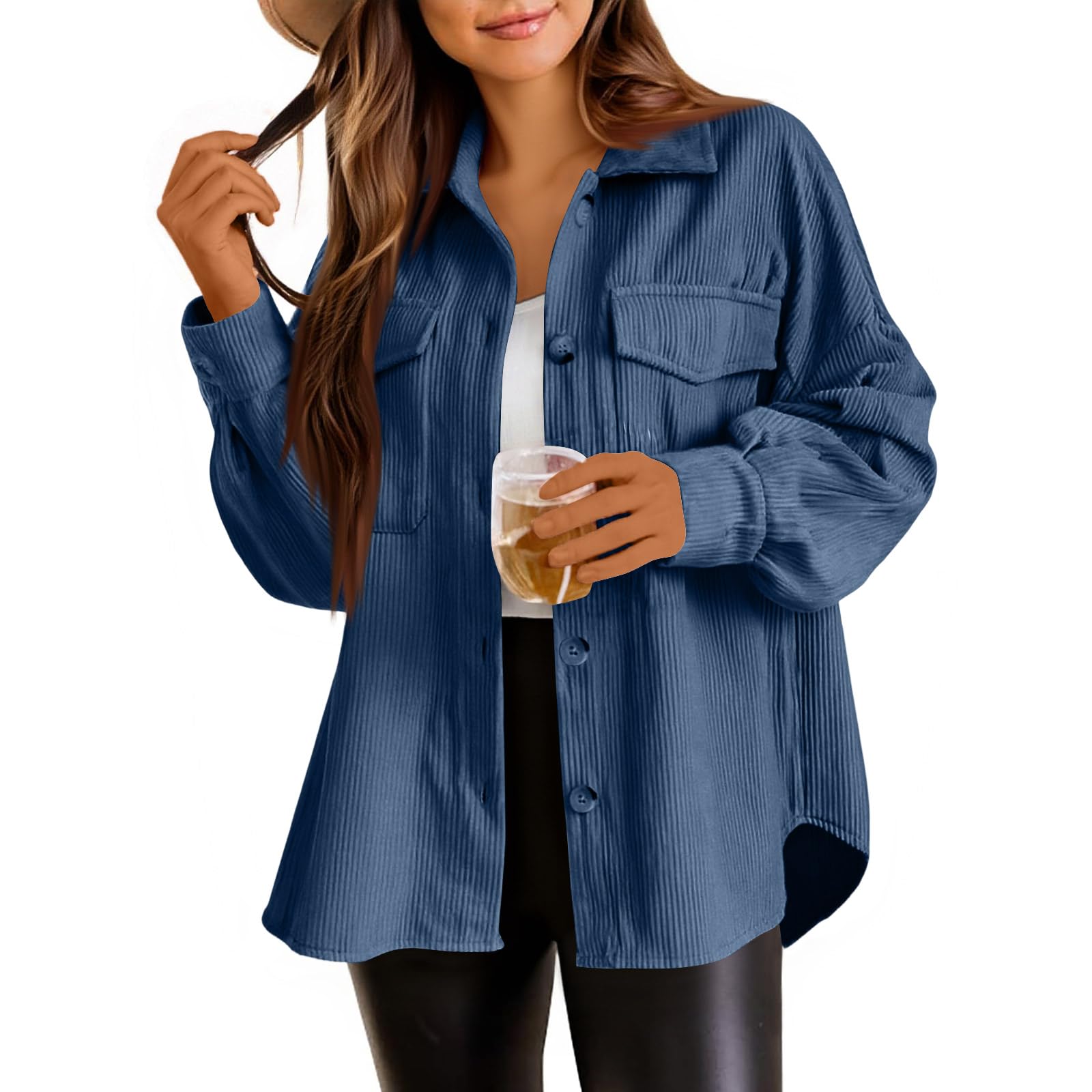 Cardigan bleu marine surdimensionné en velours côtelé pour femme, veste chemise à manches longues, couleur unie, boutonnée sur le devant, coupe décontractée, manteau décontracté en velours côtelé pour