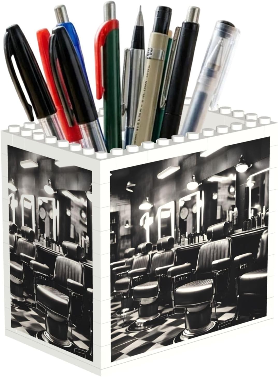 Barber Shop Monochrome Style Print Uv Print Block Pencil Cup, Detachable Creative Block Desk Organizer Office Abs Pen Holder