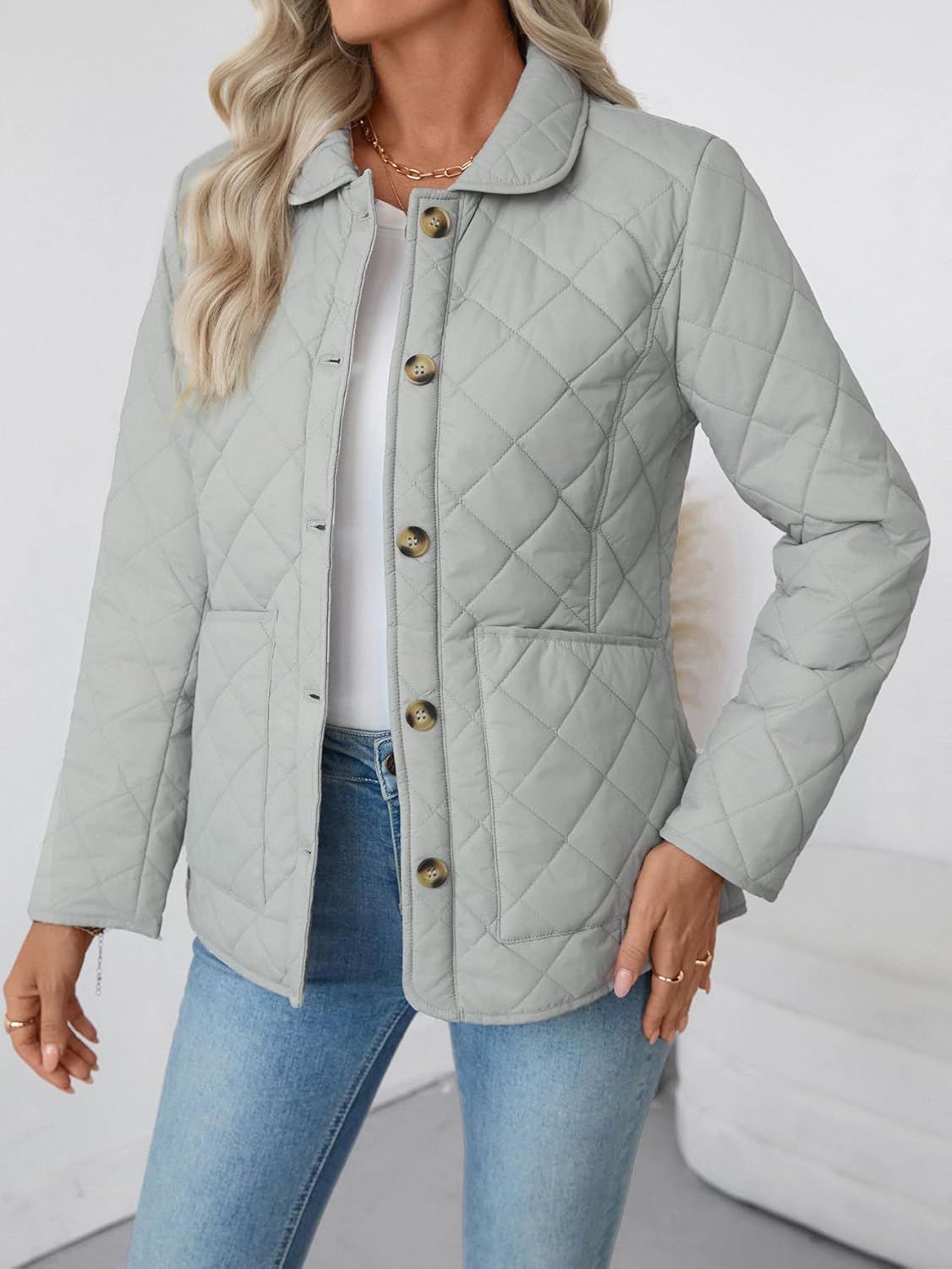 Merryfun Quilted Jackets for Women Lightweight Casual Button Up Diamond Puffer Jacket Warm Winter Coat with Pockets - Image 2