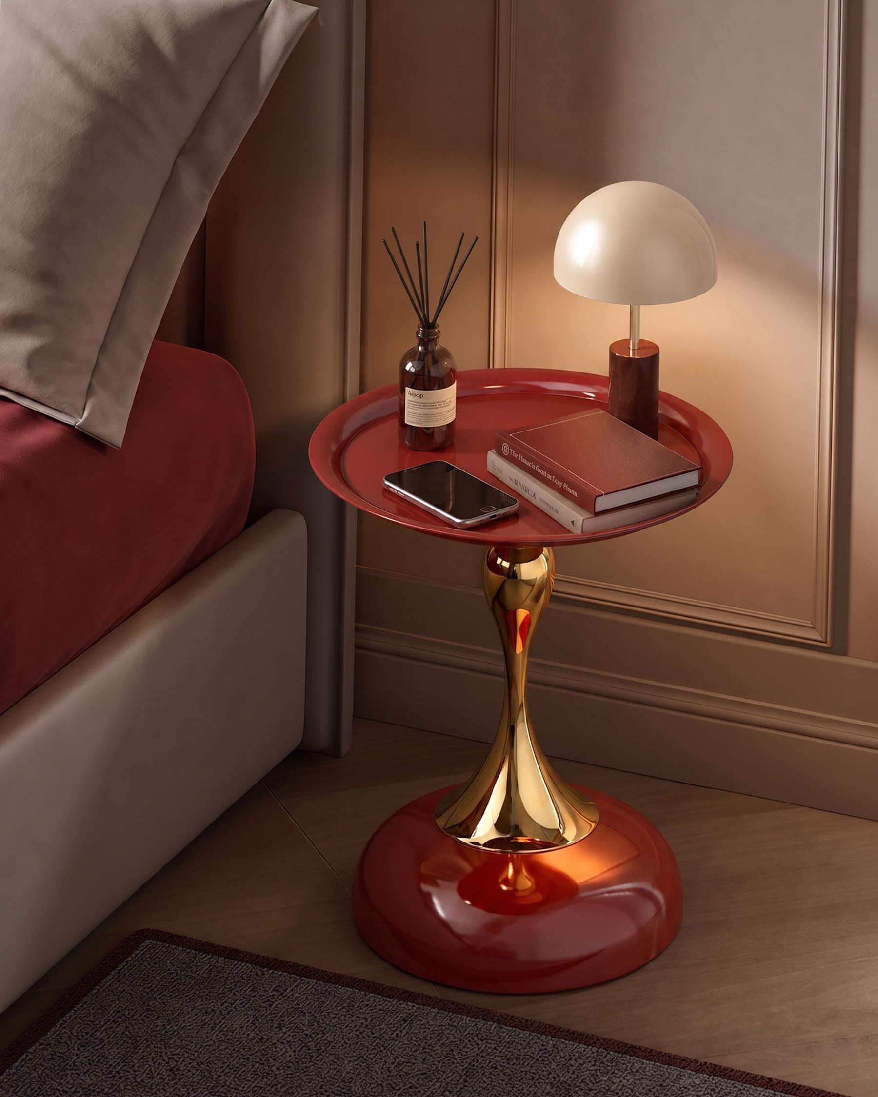 Juego de 2 Mesa Auxiliar de Metal para Interior y Exterior Pequeña Mesa de Centro y Sofá Redonda Moderna de Diseño Mesitas Auxiliares Rojo y Oro, 40x53 cm