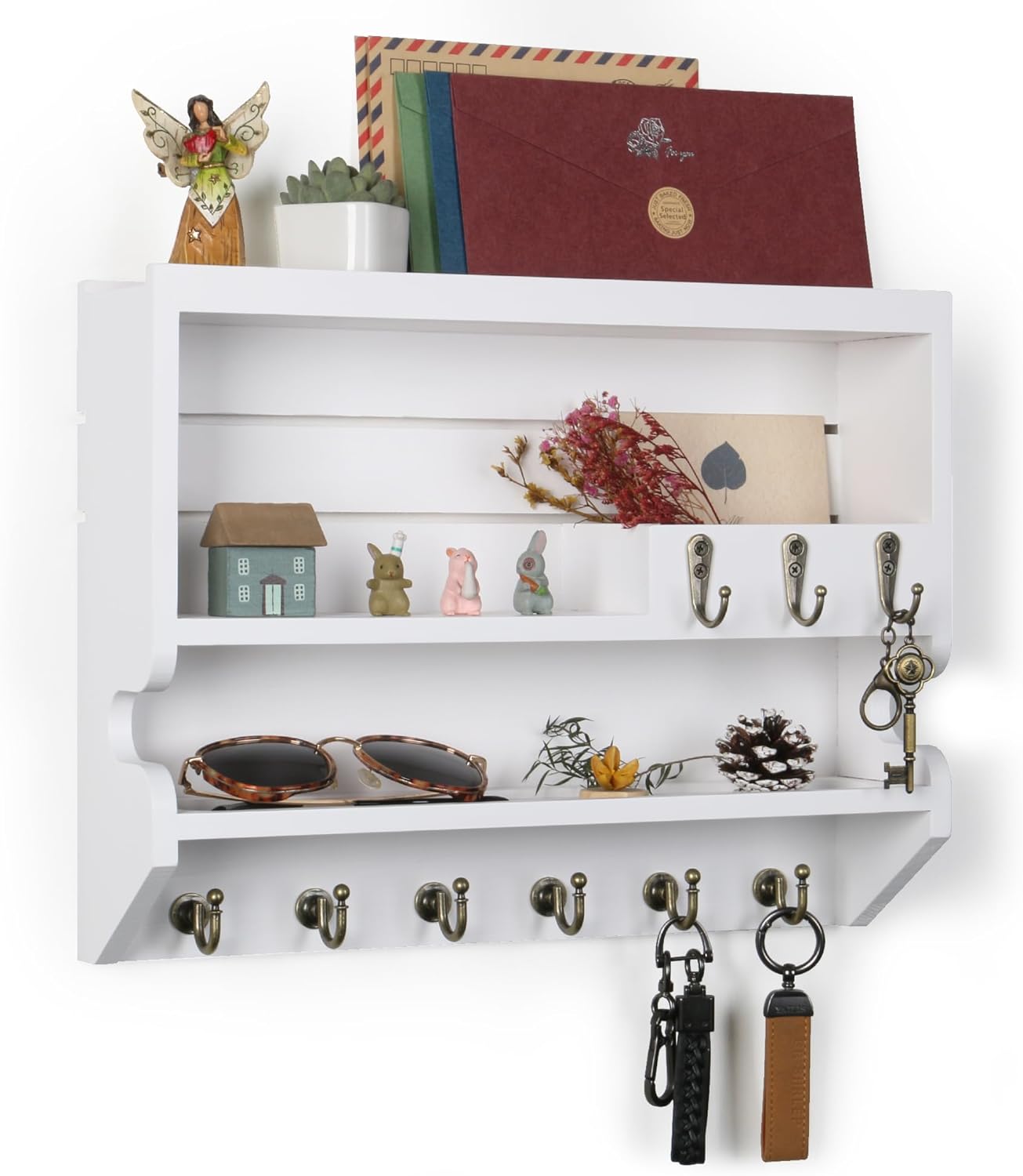 Handcrafted Solid Wood Key Holder for Wall - Artisan Hand-Sprayed Finish & Smooth Edges - Decorative Entryway Organizer, Rustic Wall Mount Key Holder for Home Decor, Sturdy, White