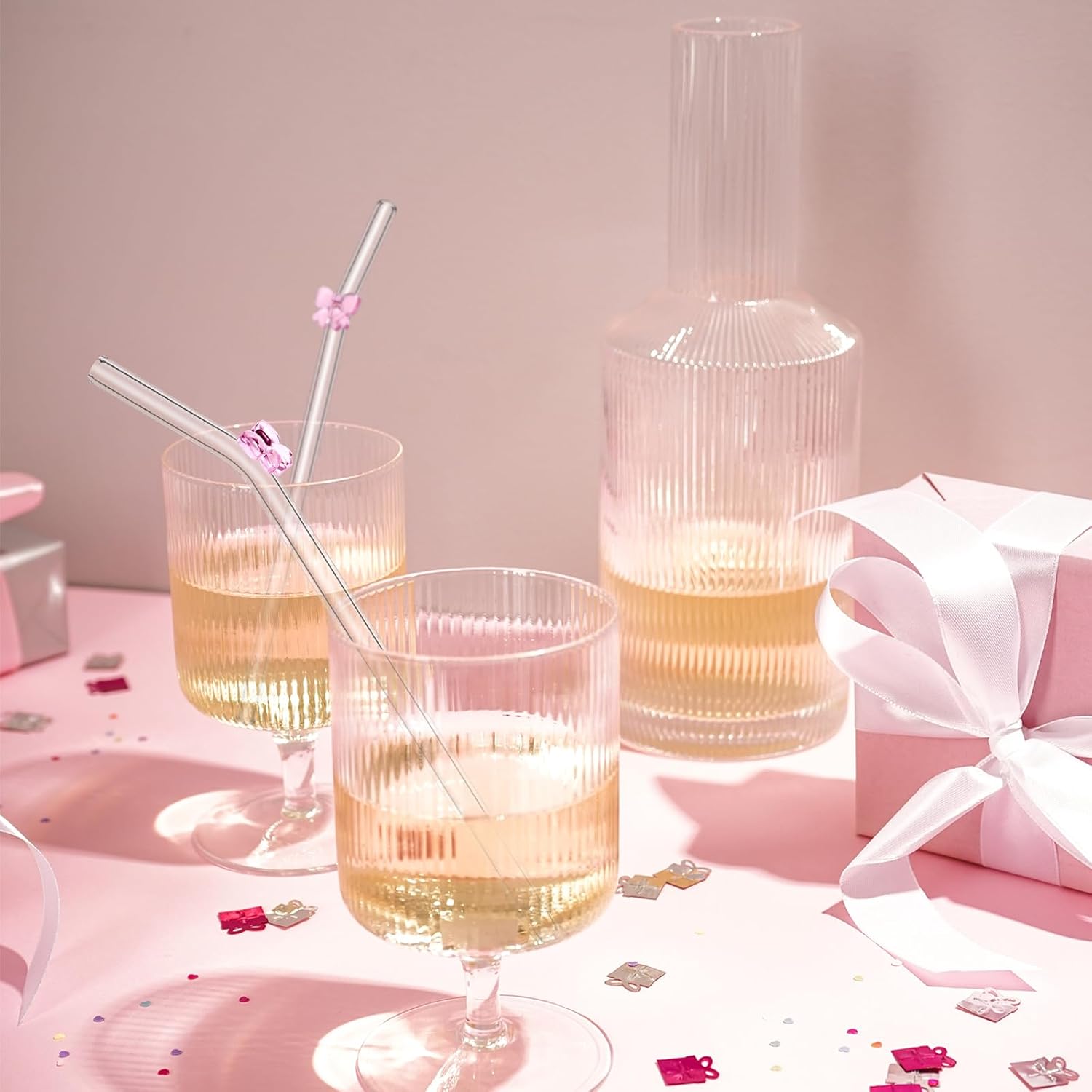 6 Pcs Reusable Glass Straws 7.9" x 6 mm with 1 Cleaning Brushes Pink Bow Glass Straws Shatter Resistant Straw for Coquette Bow Party Bachelorette Decor Bridal Drinkware(Pink)
