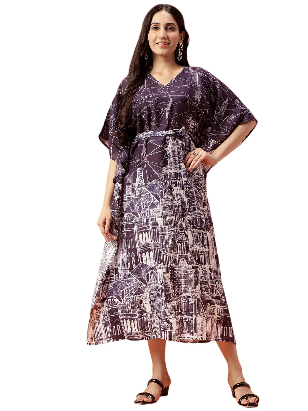 navyasa Black Liva Linen Silk Abstract Print Kaftan-image-34