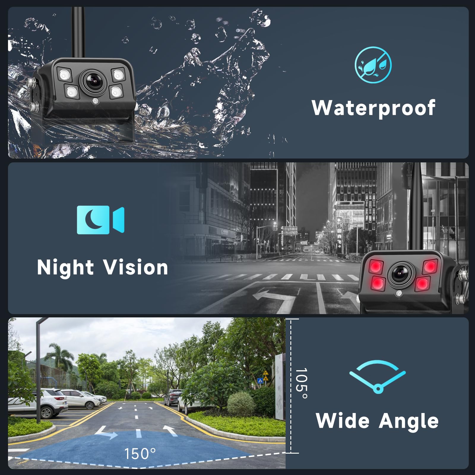 Hodozzy 9 Zoll IPS Monitor Digitales Kabellos Rückfahrkamera Set, mit Toter-Winkel-Warnung, Wasserdicht Rückfahrkameras Funk 2 Kameras Aufzeichnung, Nachtsicht, LKW/Anhänger/PKW/Wohnmobil 12V 24V