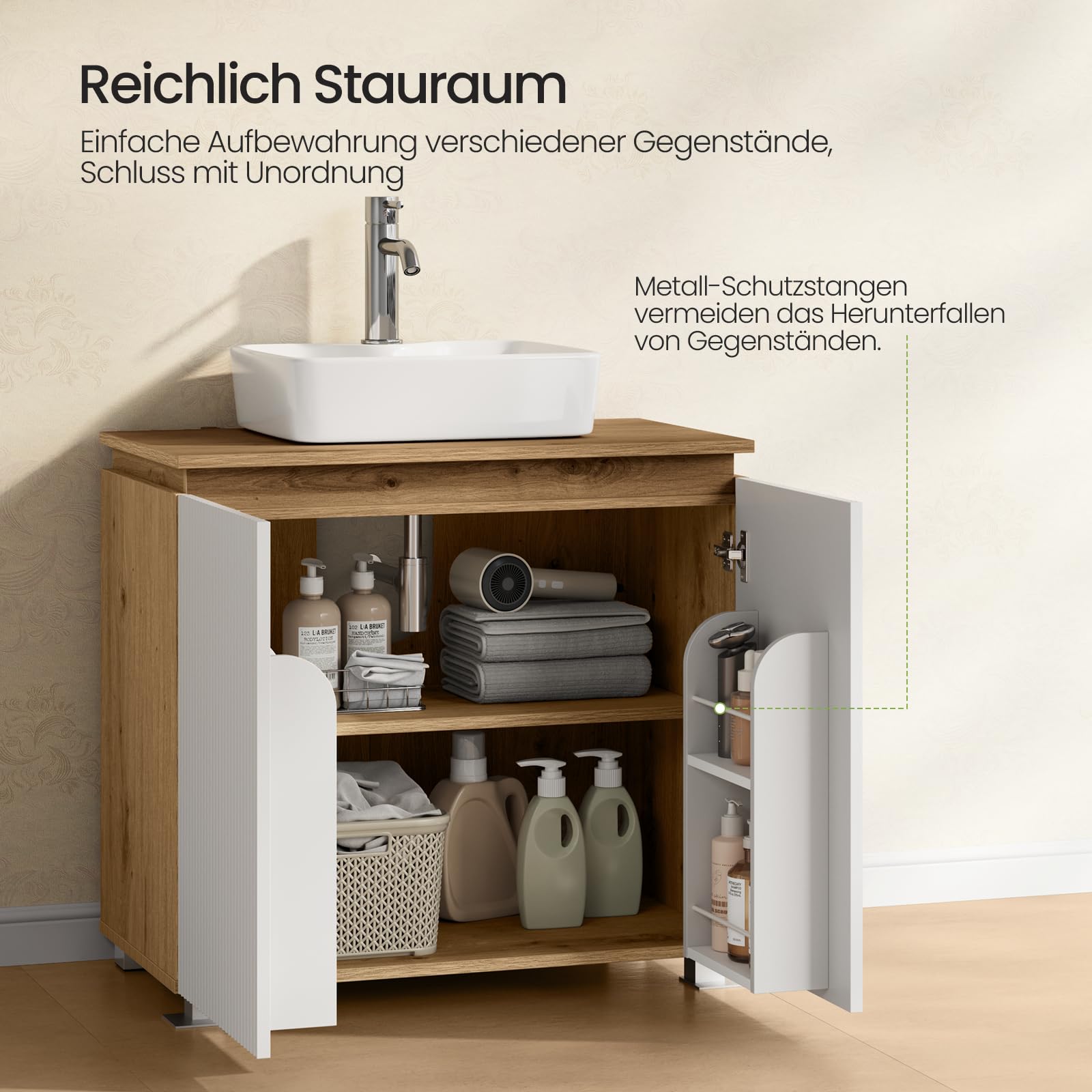 EUGAD Waschbeckenunterschrank, Badezimmerschrank, 2 Fächer hinter den Türen, mit verstellbarem Einlegeboden, 70 x 40 x 65 cm, Weiß und braune Holzoptik