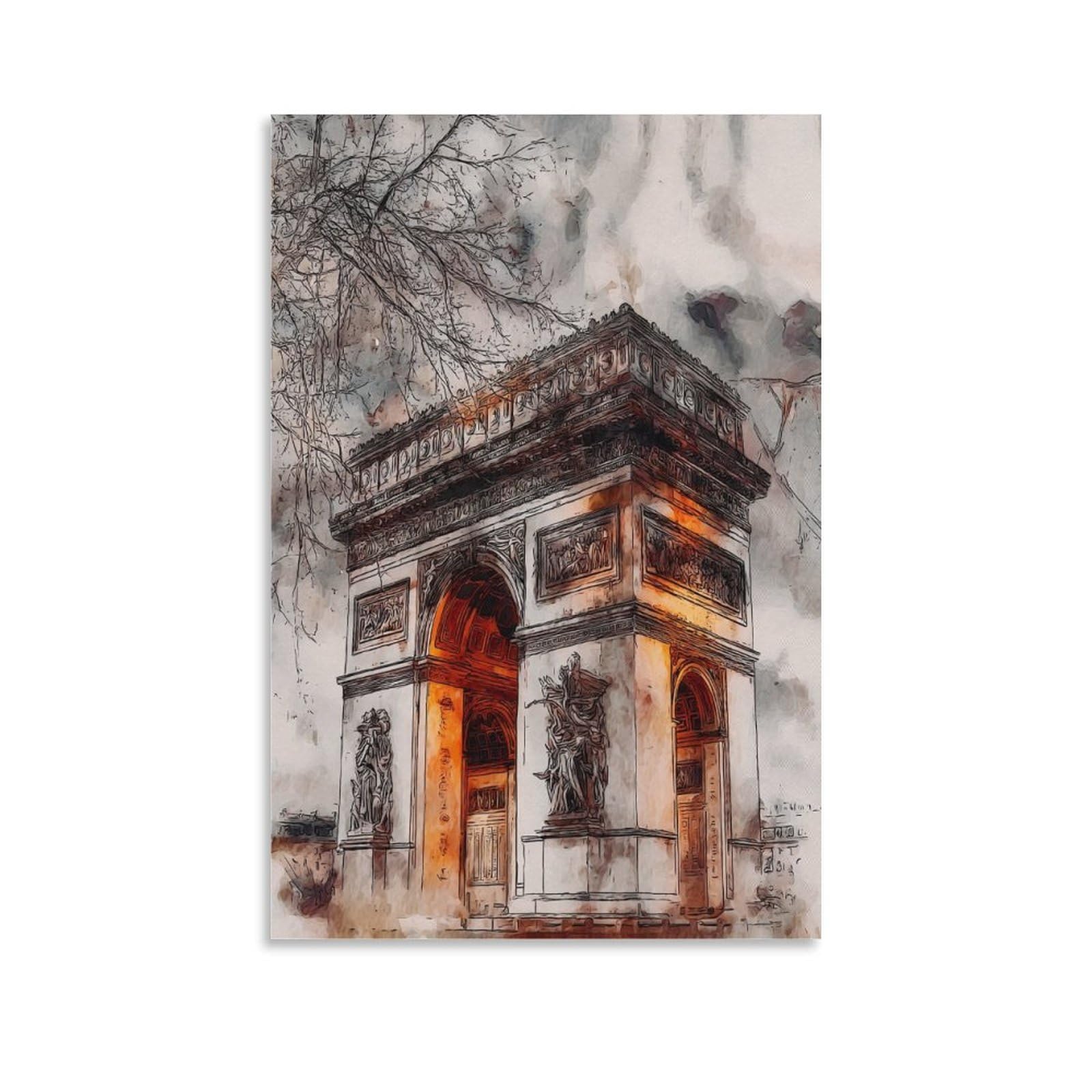 Lcynnh Unframe-Style Paris France Arc De Triomphe 24X36inch(60X90cm) Vintage Travel Poster Watercolor Canvas Art