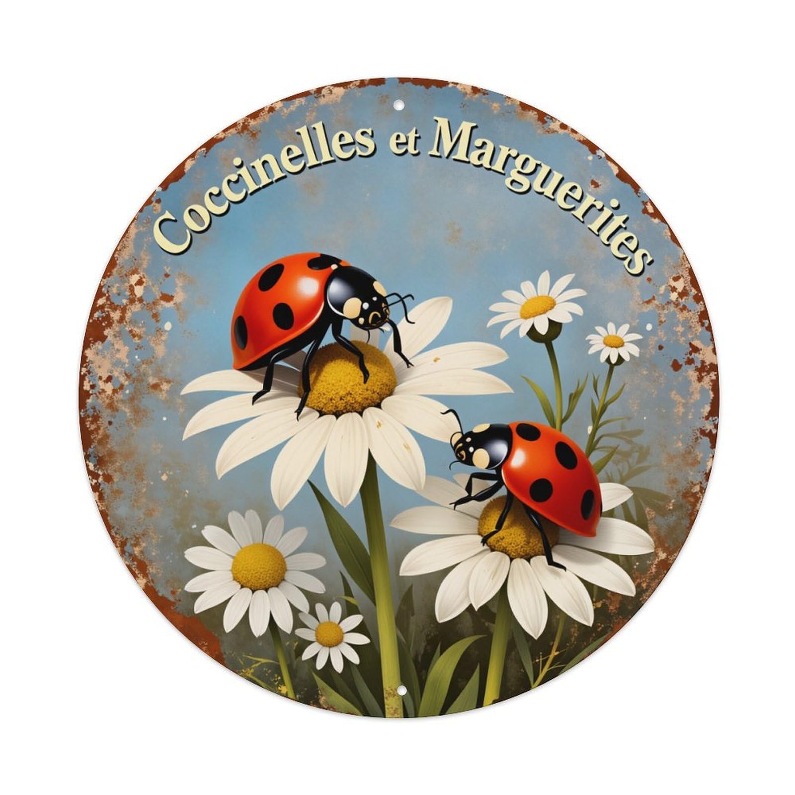 Ladybugs And Daisies On Rustic Background Round Vintage Tin Sign,Retro Wall Art,Metal Poster for Home, Bar, Garage, Cafe, Rustic Indoor & Outdoor Decor, 8x8 Inches